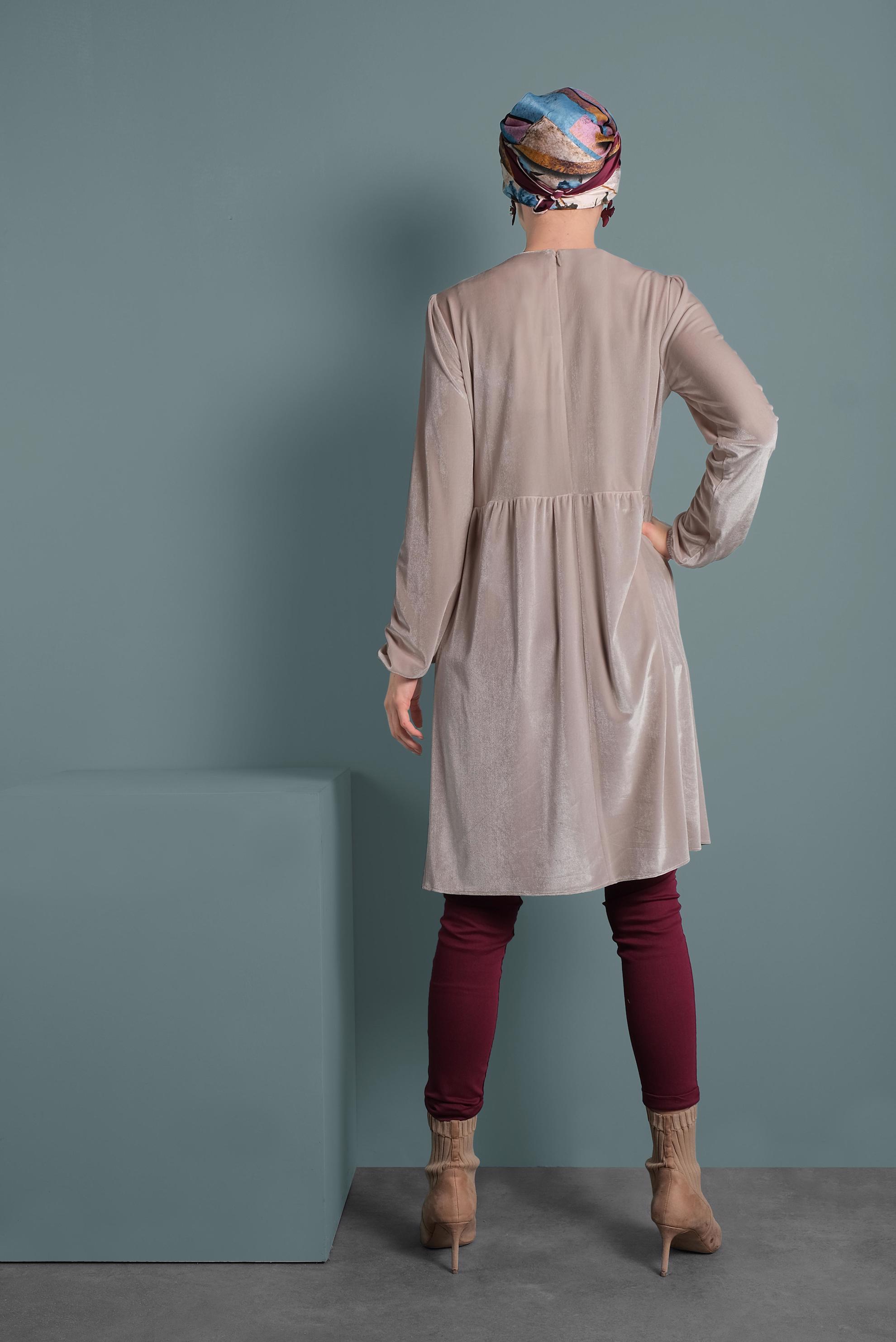 Tesettür giyim PEMBE KADİFE YÜKSEK BEL TUNİK 40388 