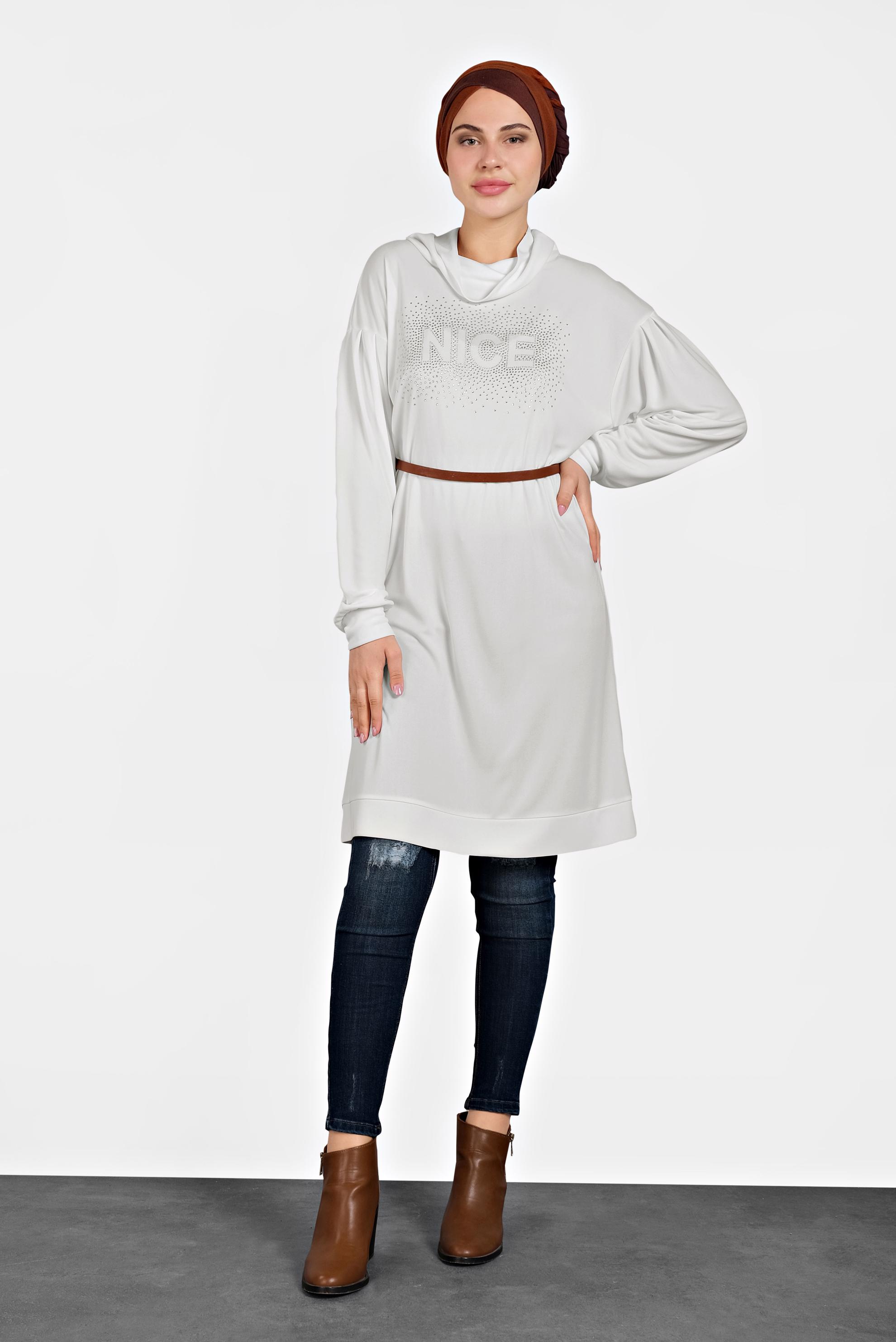 Tesettür giyim BEYAZ TAŞ BASKILI BOĞAZLI TUNİK 40389