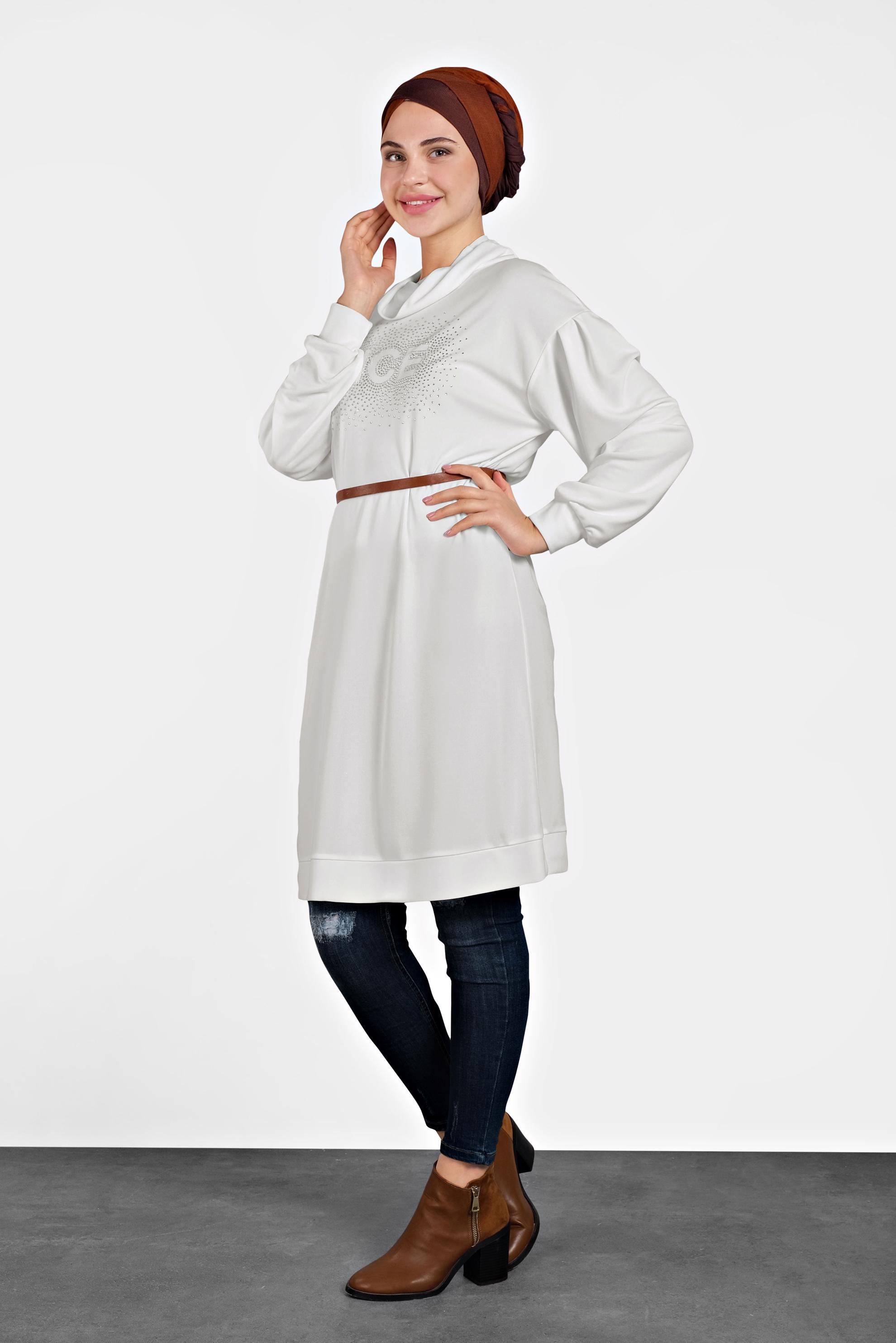 Tesettür giyim BEYAZ TAŞ BASKILI BOĞAZLI TUNİK 40389