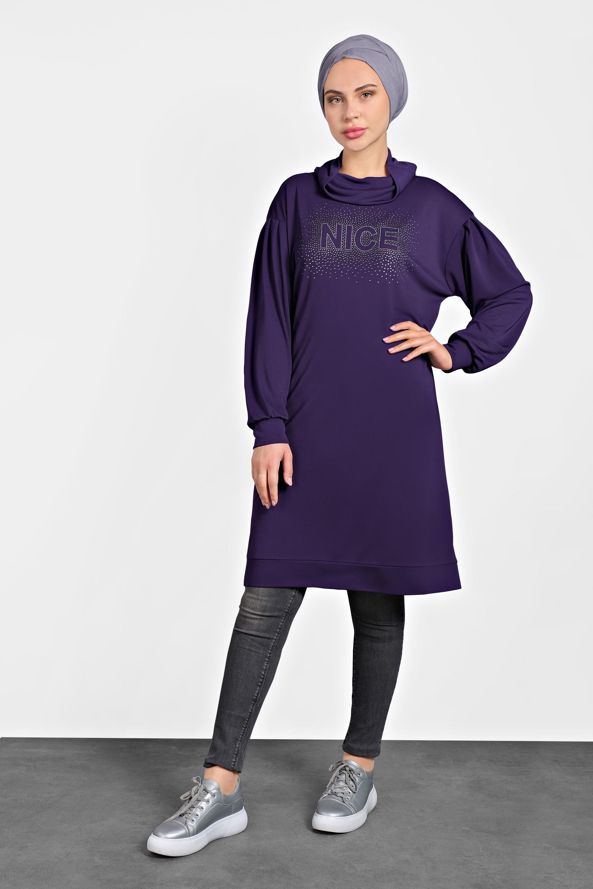 Tesettür giyim MOR TAŞ BASKILI BOĞAZLI TUNİK 40389