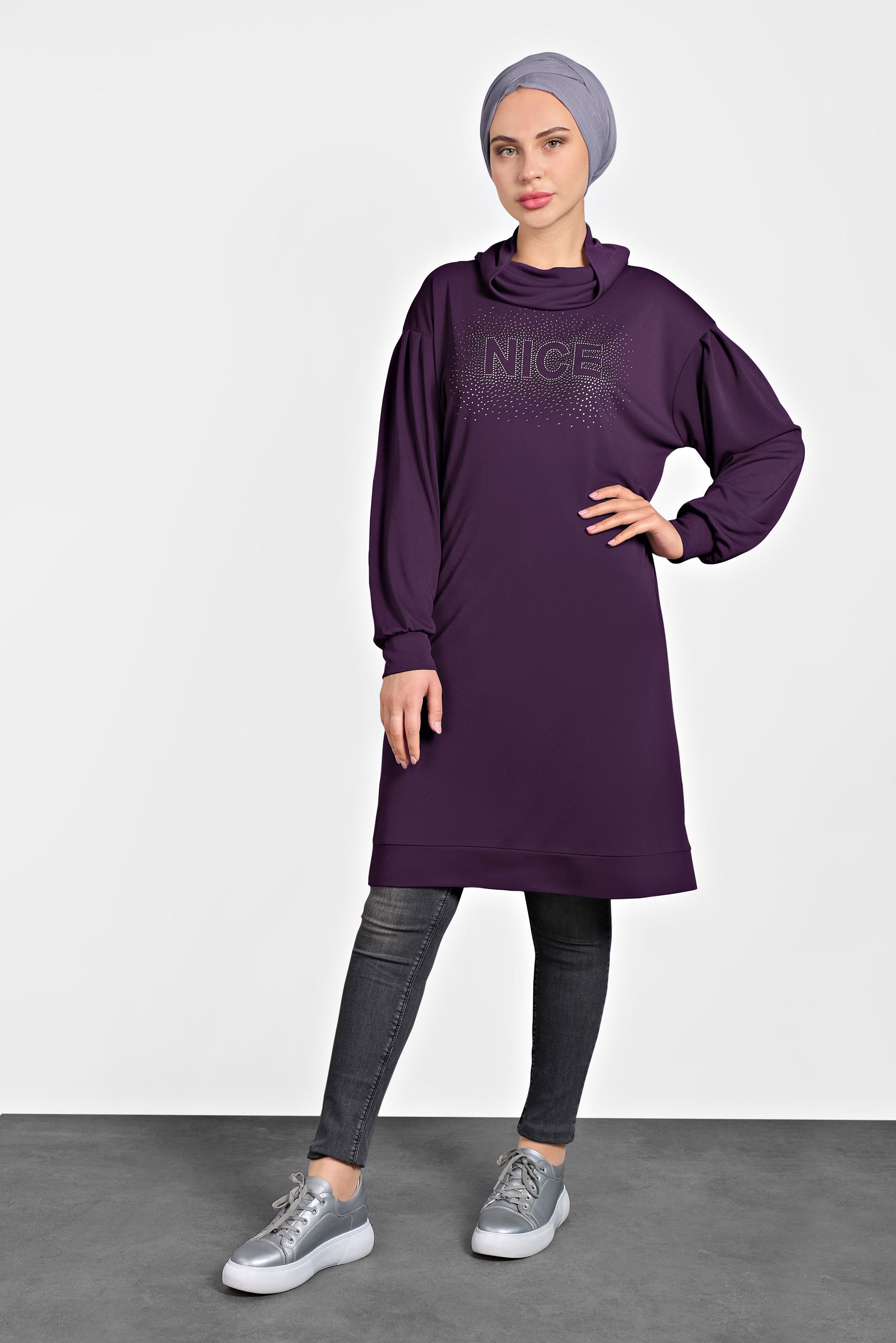 Tesettür giyim MÜRDÜM TAŞ BASKILI BOĞAZLI TUNİK 40389