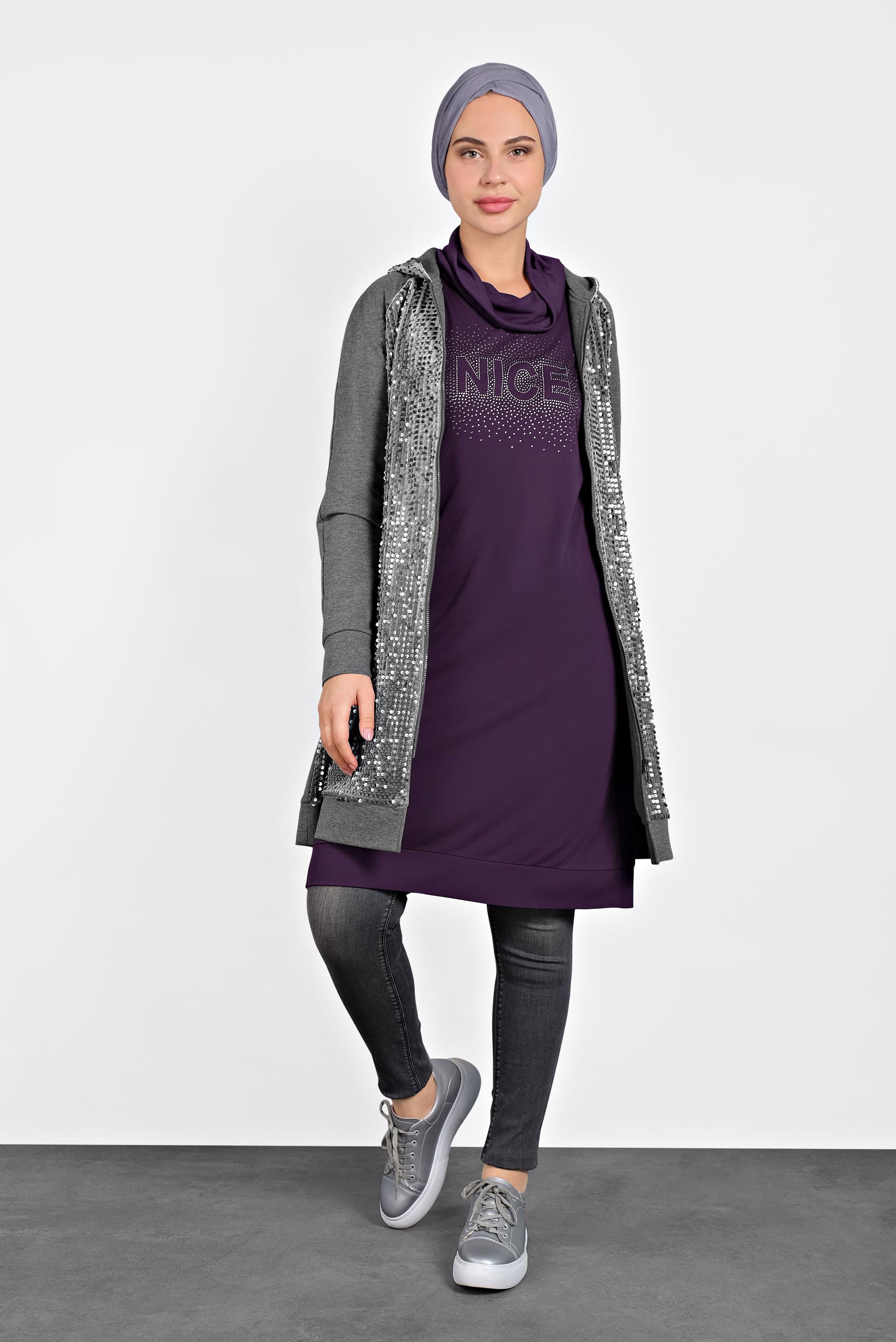 Tesettür giyim MÜRDÜM TAŞ BASKILI BOĞAZLI TUNİK 40389