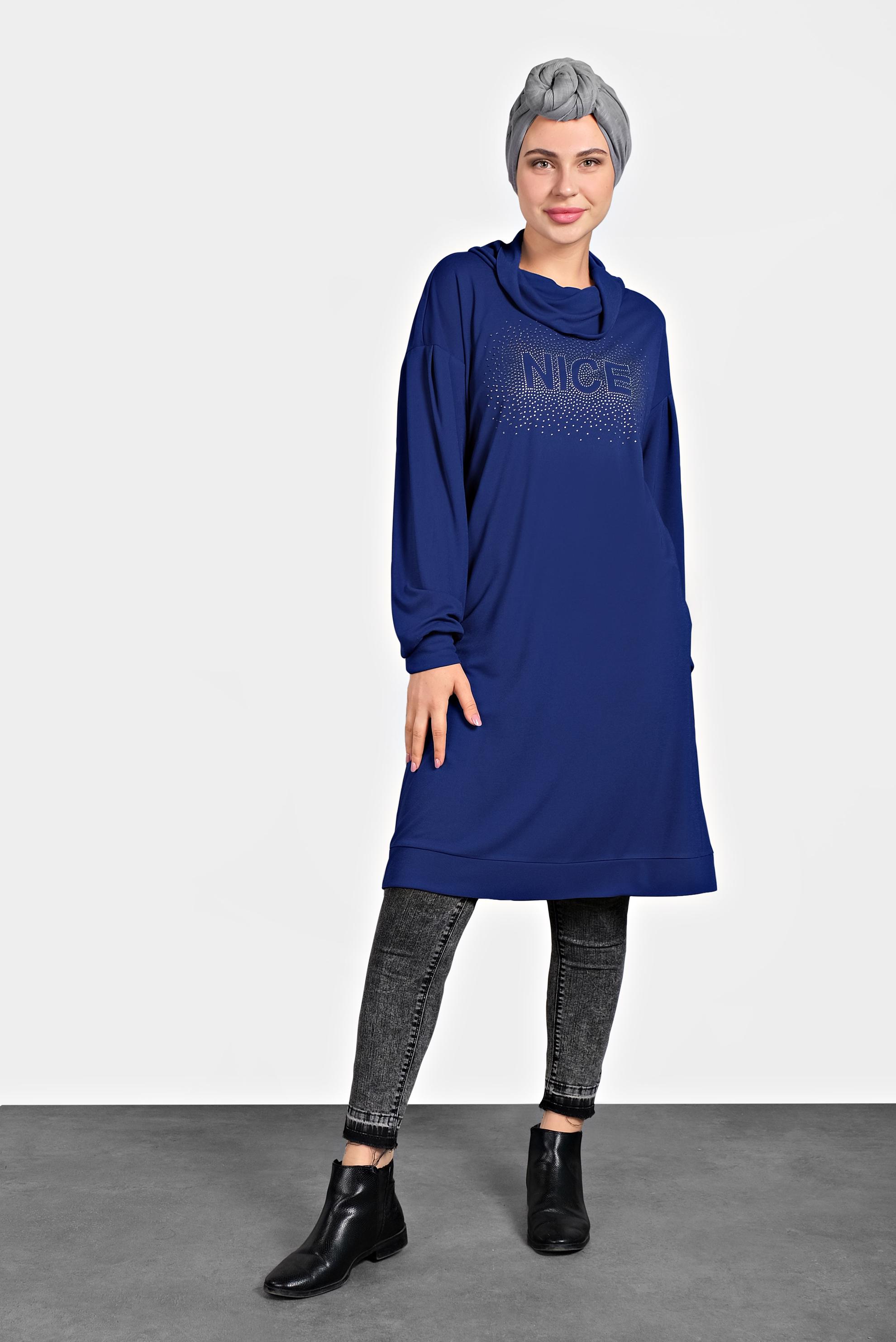 Tesettür giyim LACİVERT TAŞ BASKILI BOĞAZLI TUNİK 40389