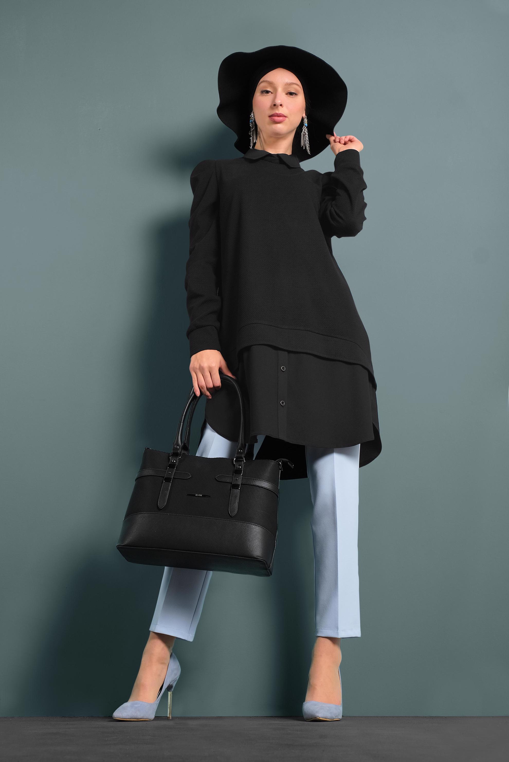 Tesettür giyim SİYAH GÖMLEK GARNİLİ TUNİK 40390