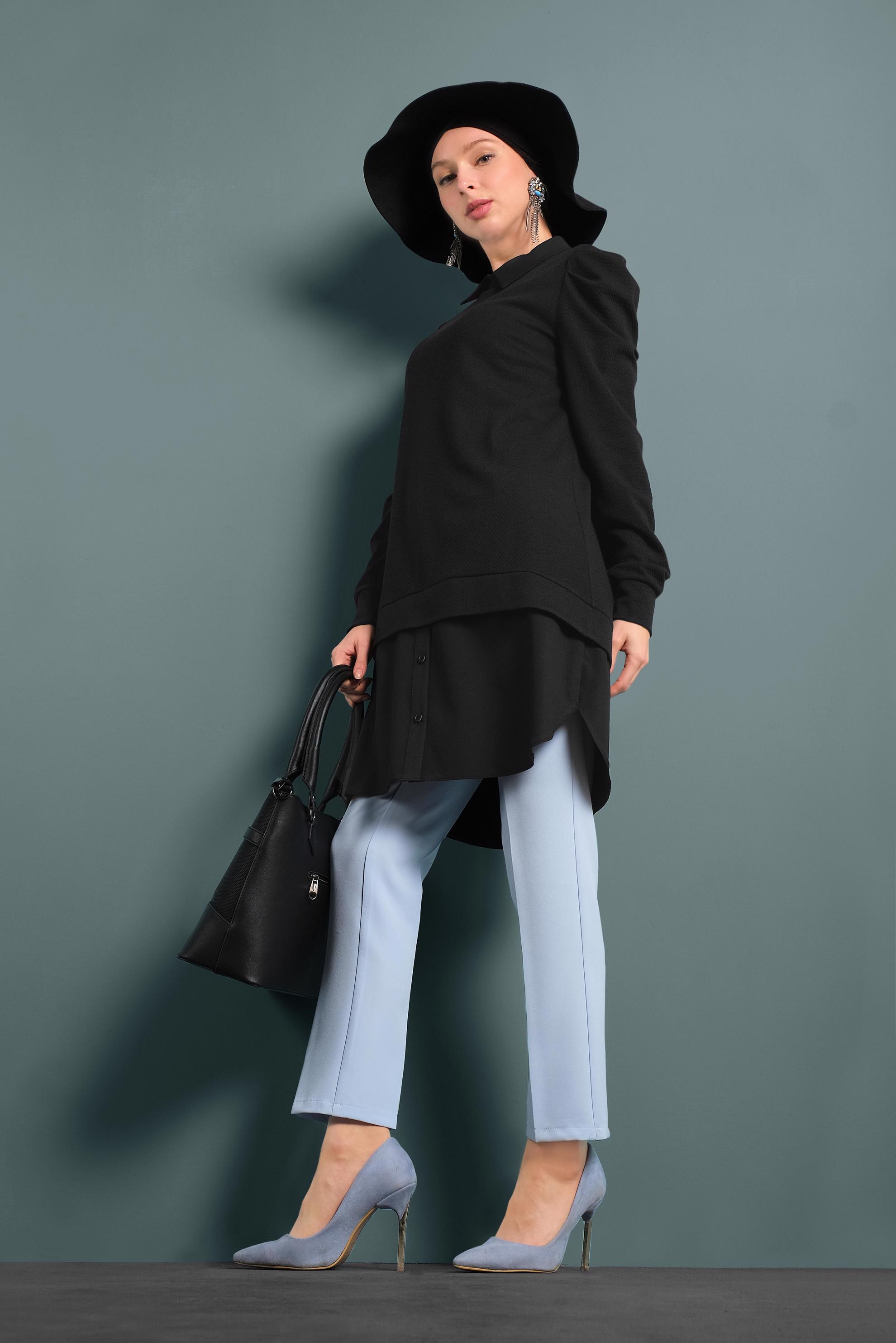 Tesettür giyim SİYAH GÖMLEK GARNİLİ TUNİK 40390