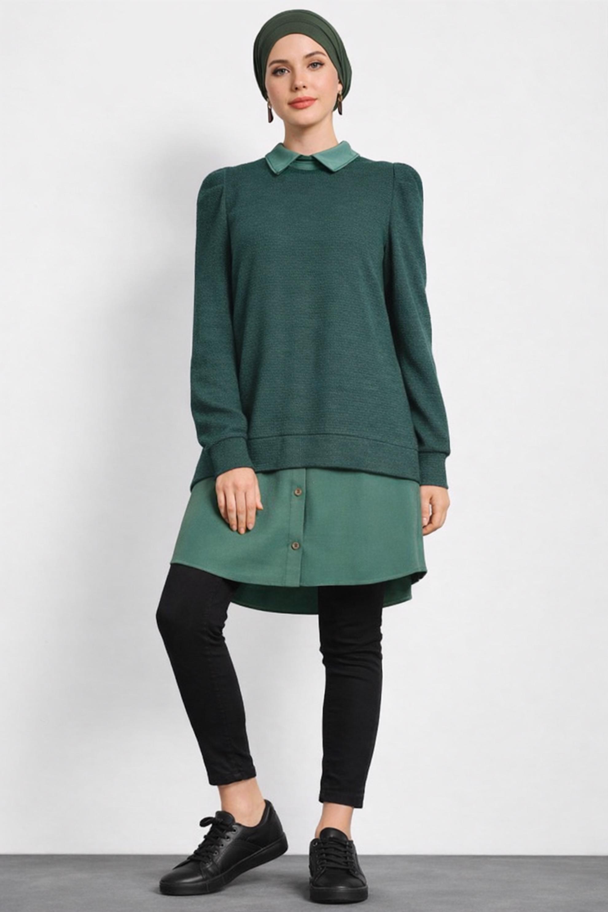 Tesettür giyim YEŞİL GÖMLEK GARNİLİ TUNİK 40390