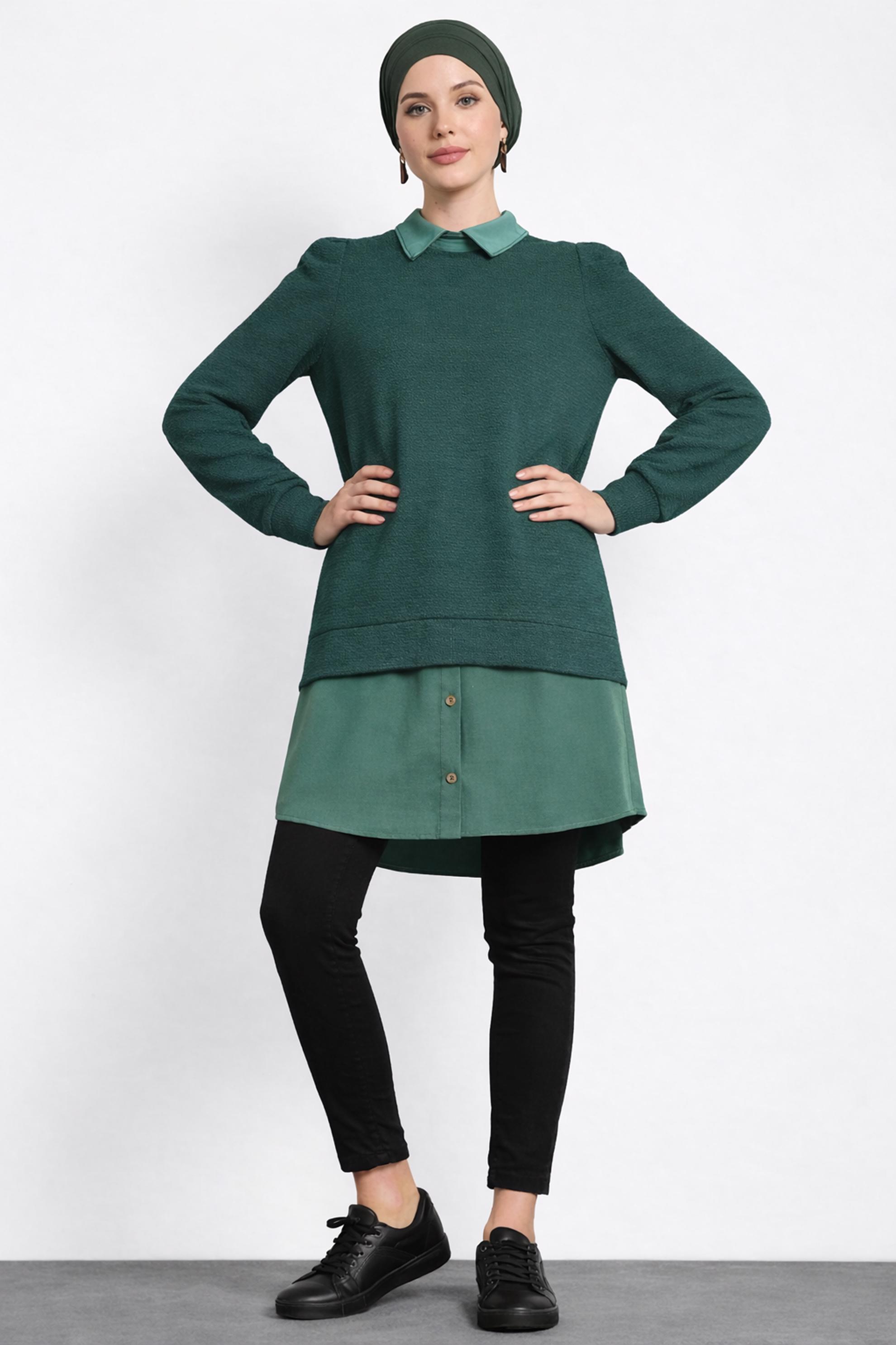 Tesettür giyim YEŞİL GÖMLEK GARNİLİ TUNİK 40390