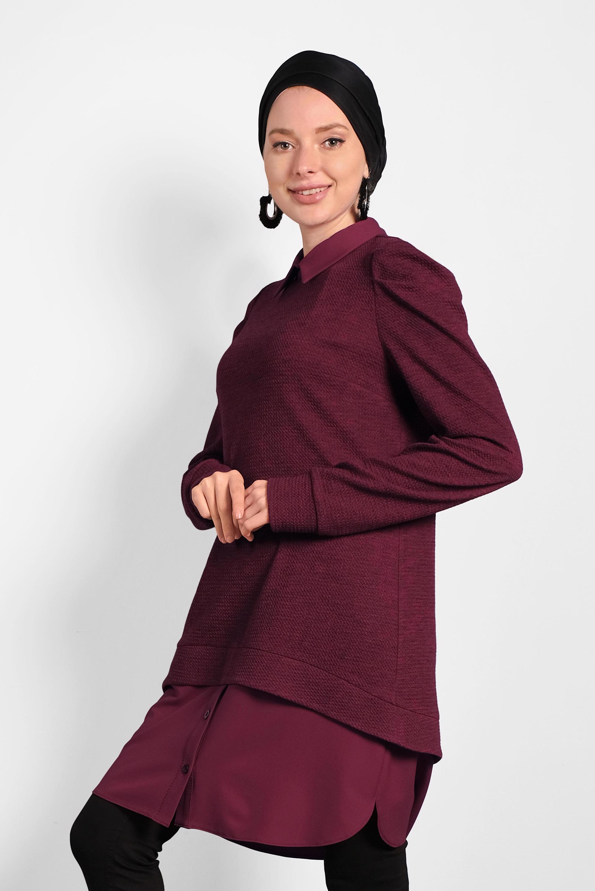 Tesettür giyim BORDO GÖMLEK GARNİLİ TUNİK 40390