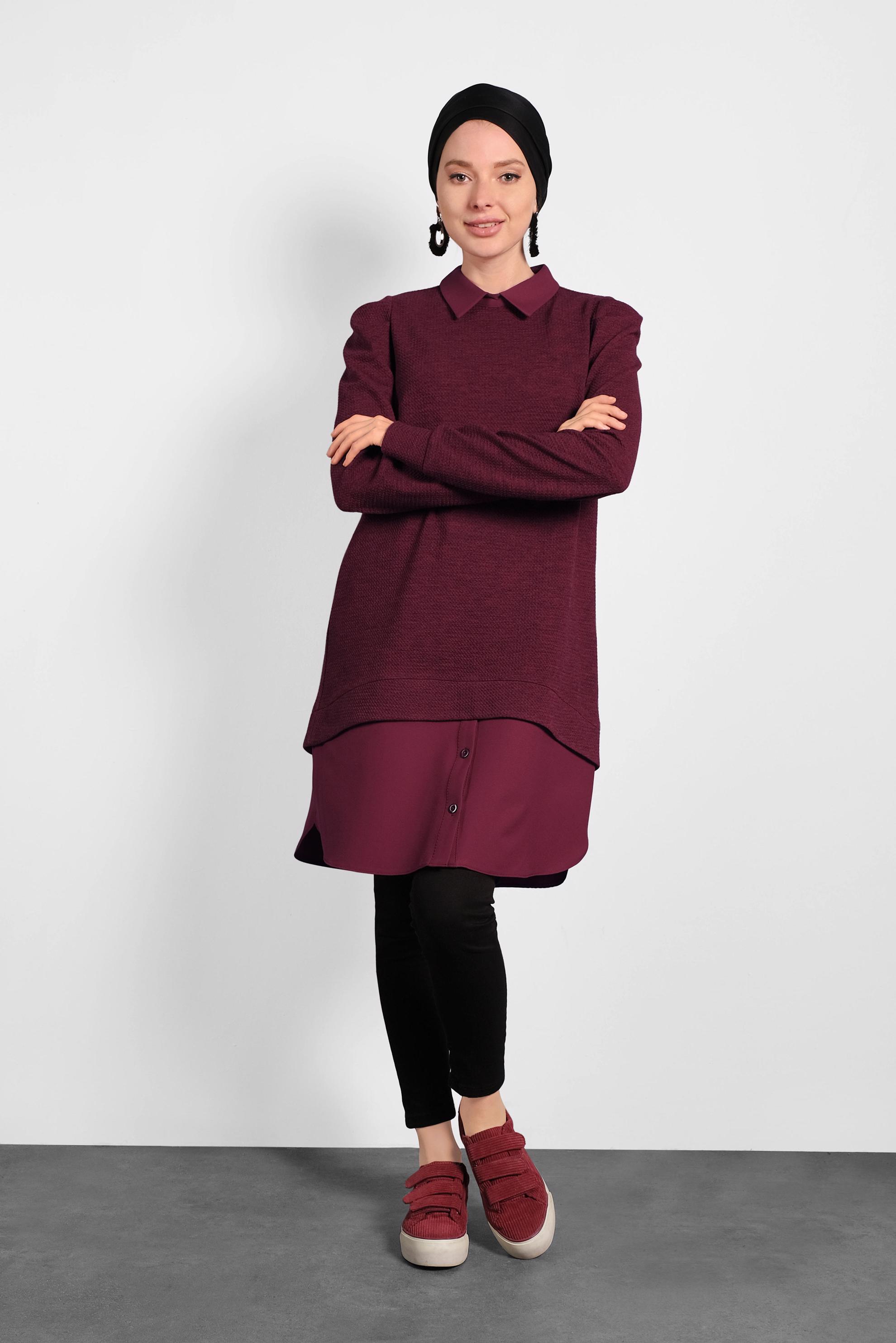 Tesettür giyim BORDO GÖMLEK GARNİLİ TUNİK 40390