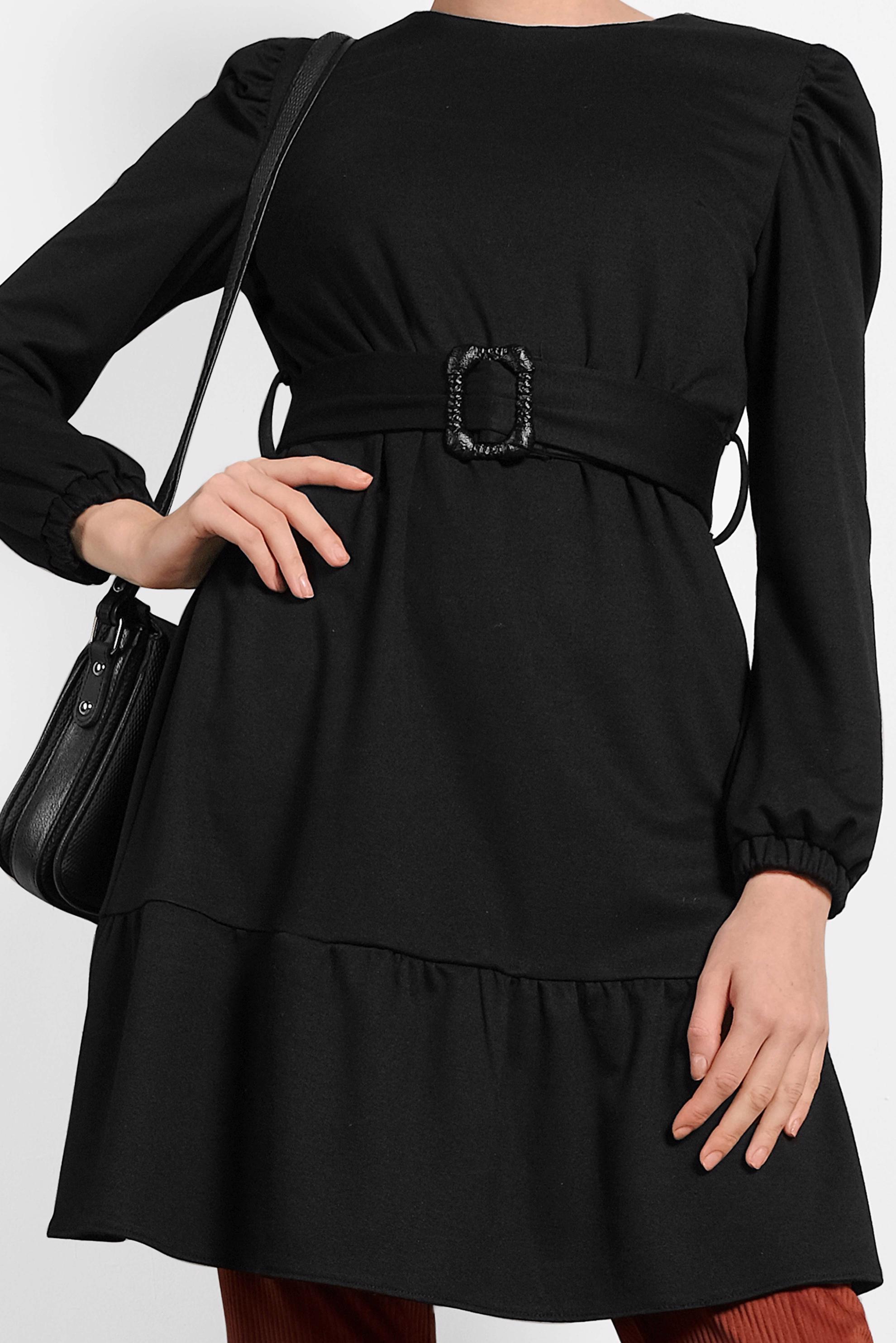 Tesettür giyim SİYAH VOLANLI KEMERLİ TUNİK 40391 