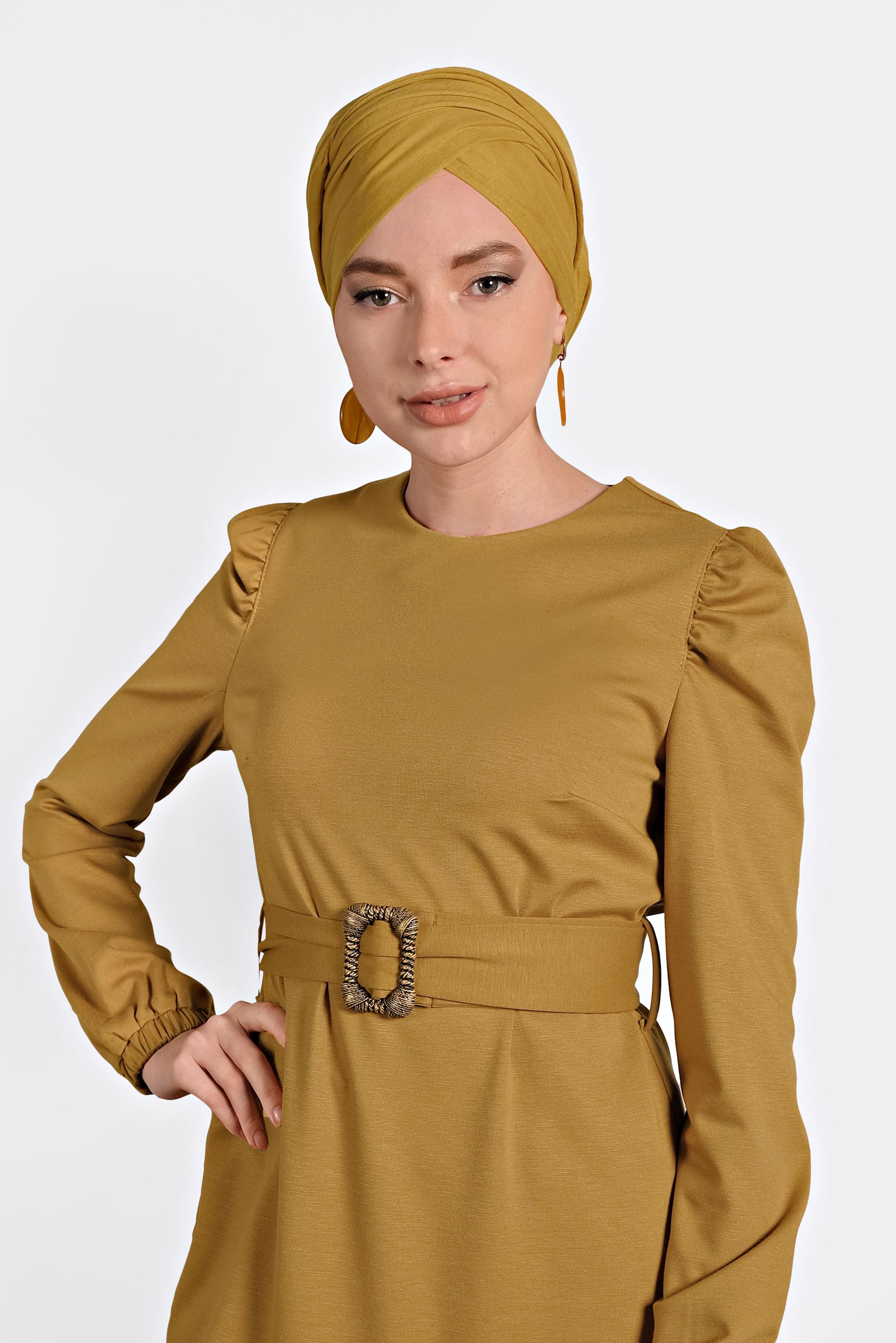 Tesettür giyim SARI VOLANLI KEMERLİ TUNİK 40391 
