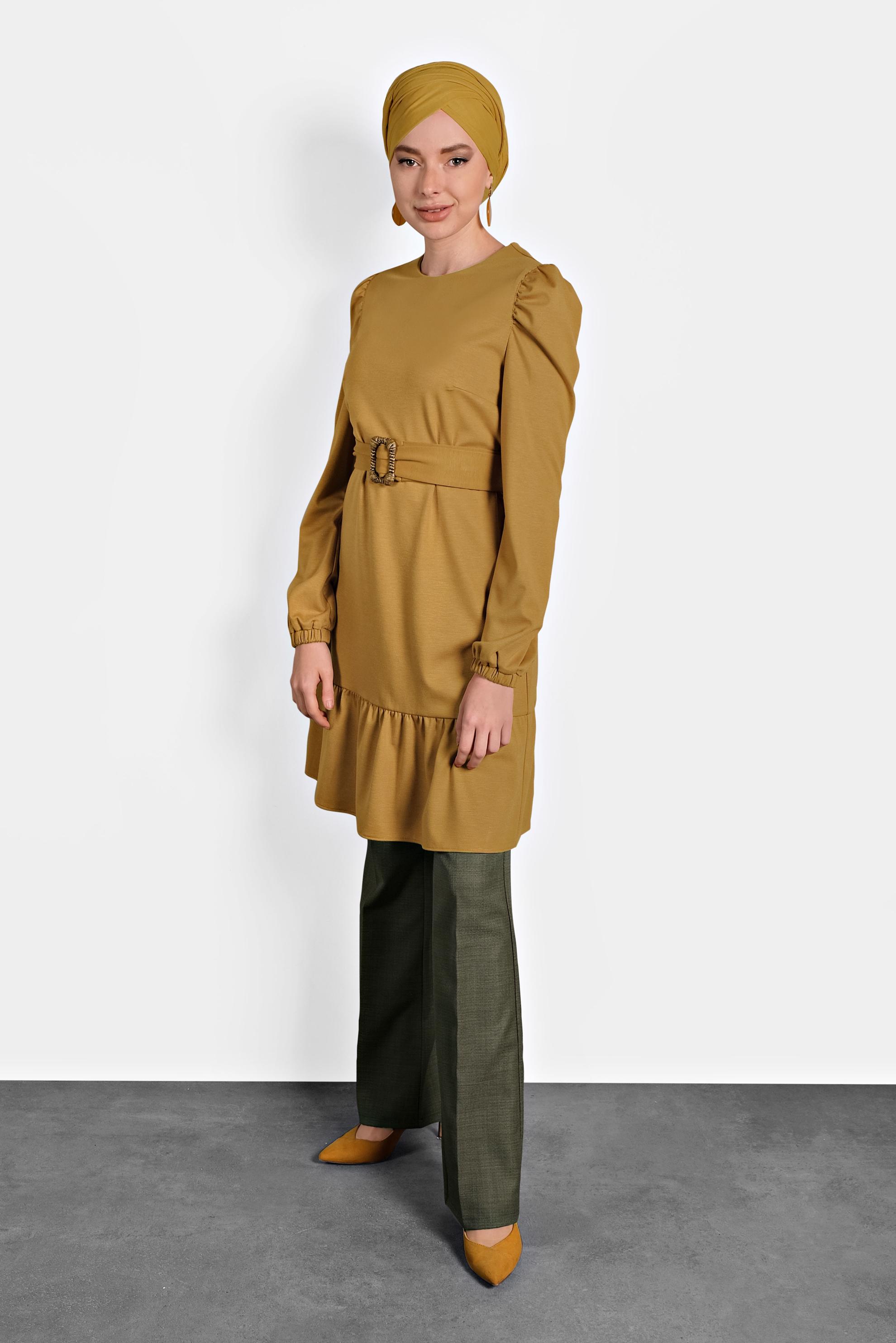 Tesettür giyim SARI VOLANLI KEMERLİ TUNİK 40391 