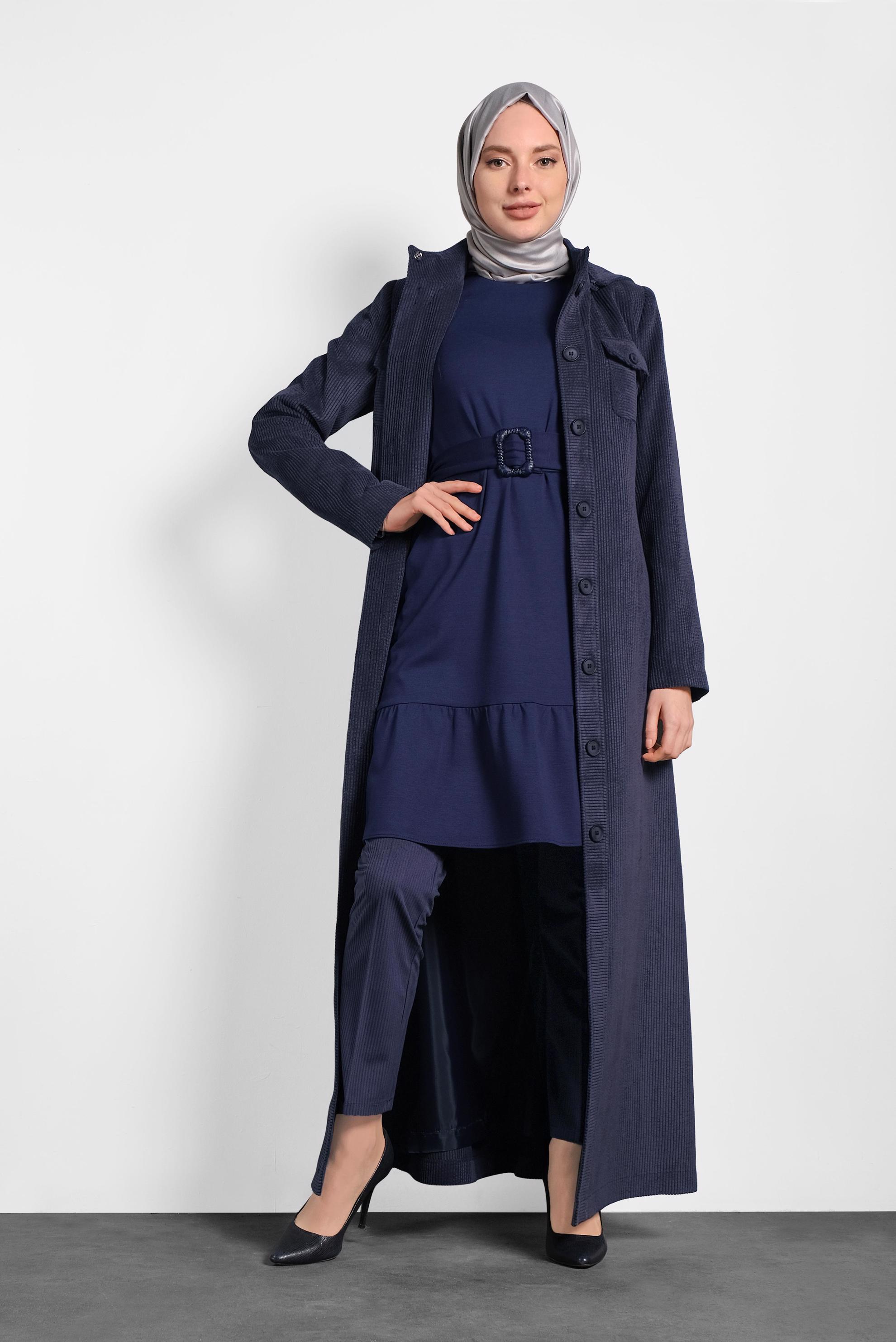 Tesettür giyim LACİVERT VOLANLI KEMERLİ TUNİK 40391 