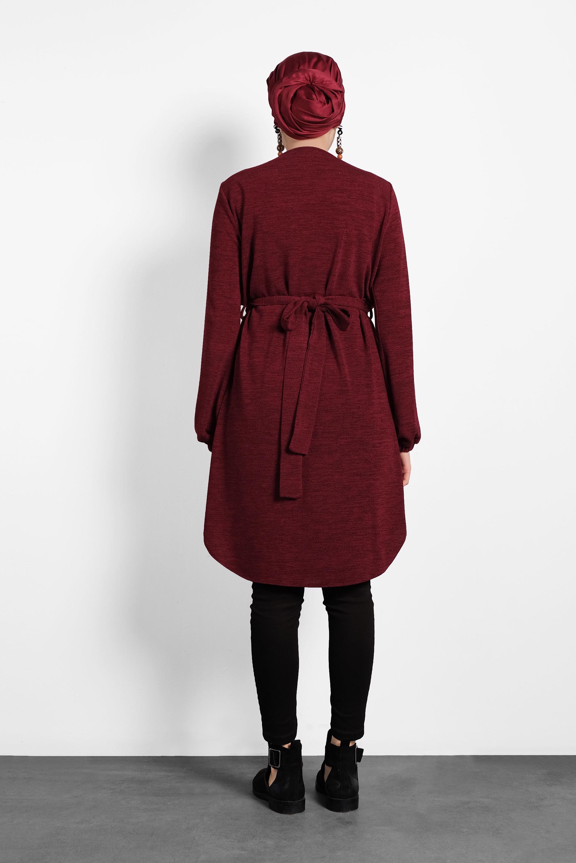 Tesettür giyim BORDO KUŞAKLI BİSİKLET YAKA DÜZ TUNİK 40392