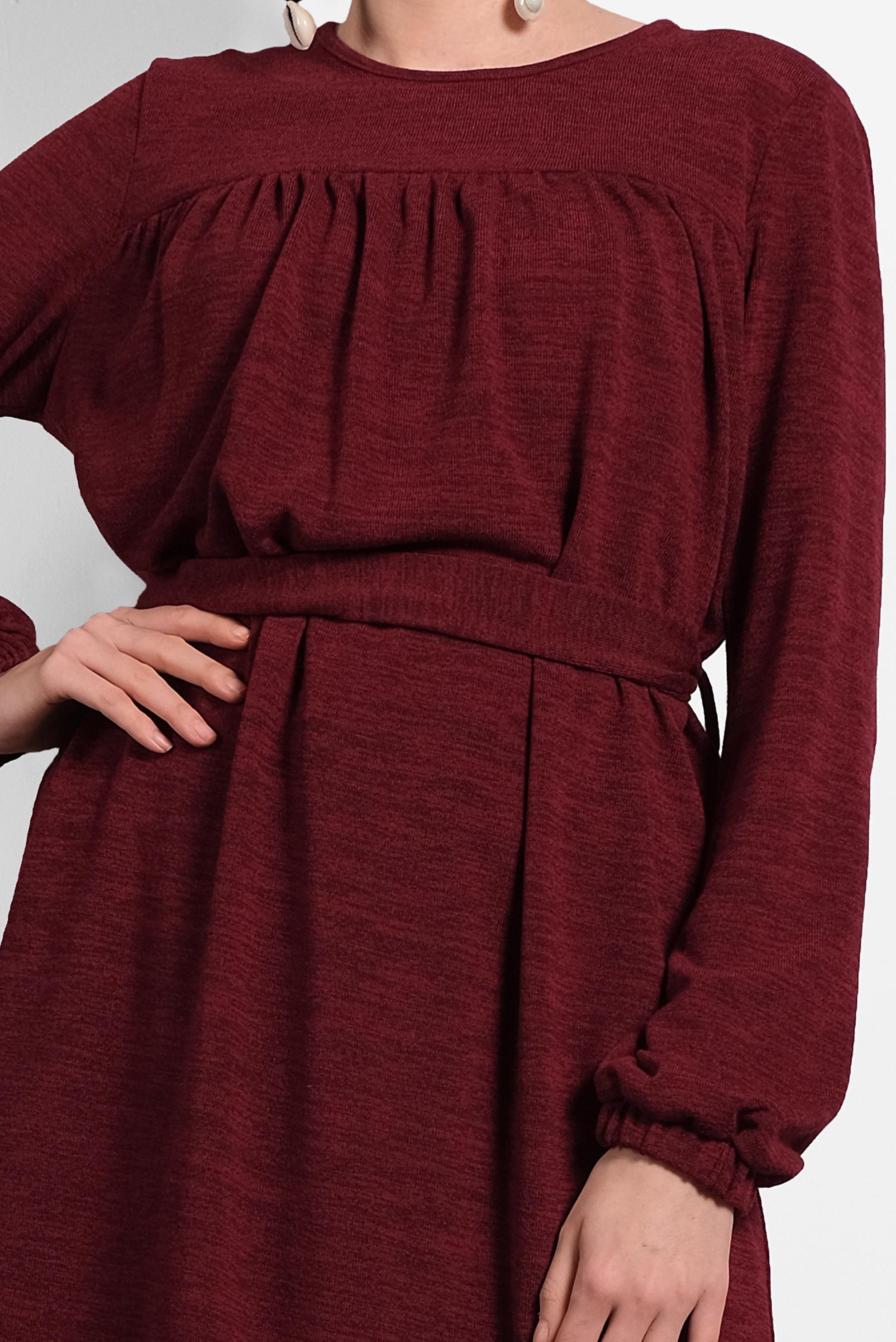 Tesettür giyim BORDO KUŞAKLI BİSİKLET YAKA DÜZ TUNİK 40392