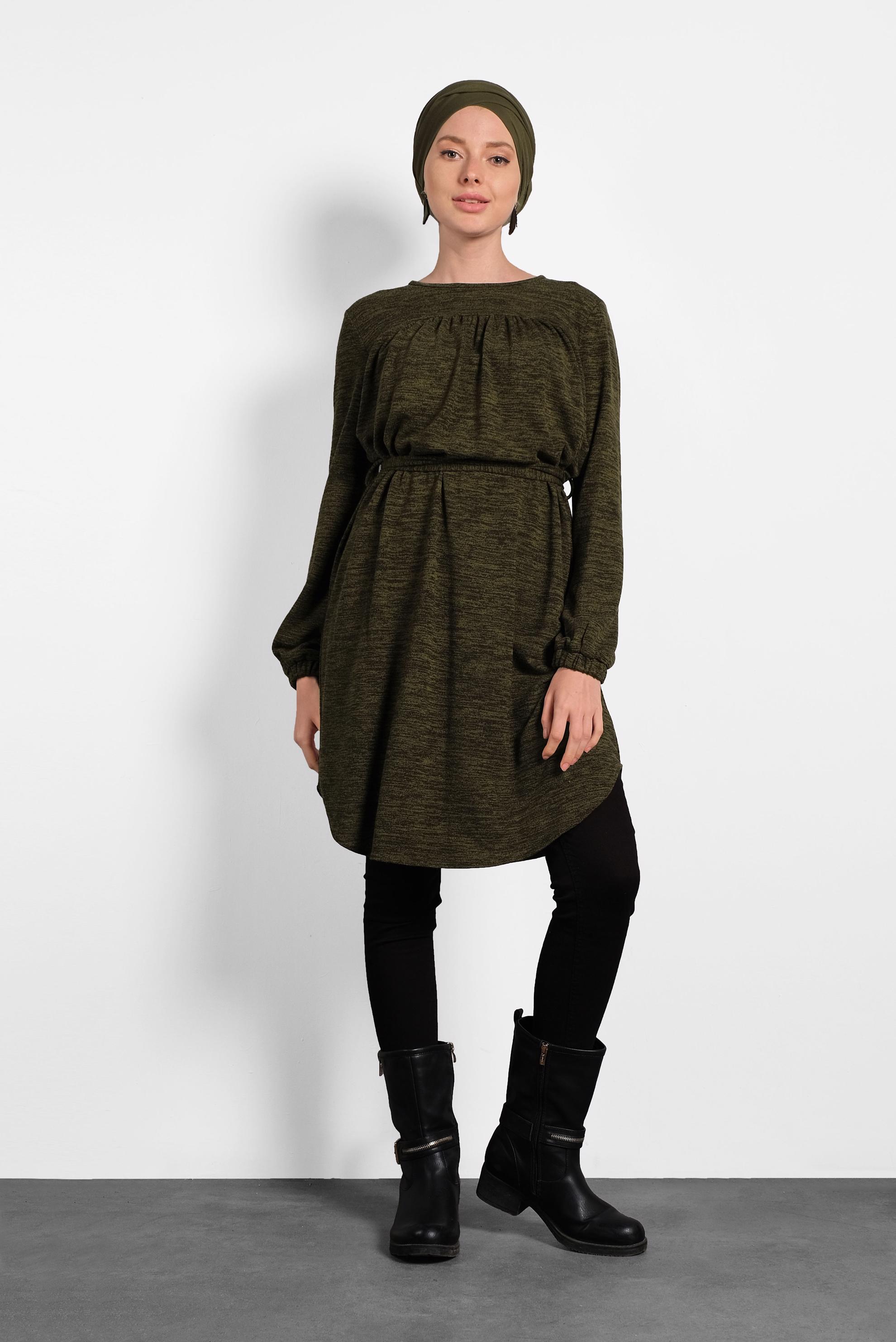 Tesettür giyim HAKİ KUŞAKLI BİSİKLET YAKA DÜZ TUNİK 40392