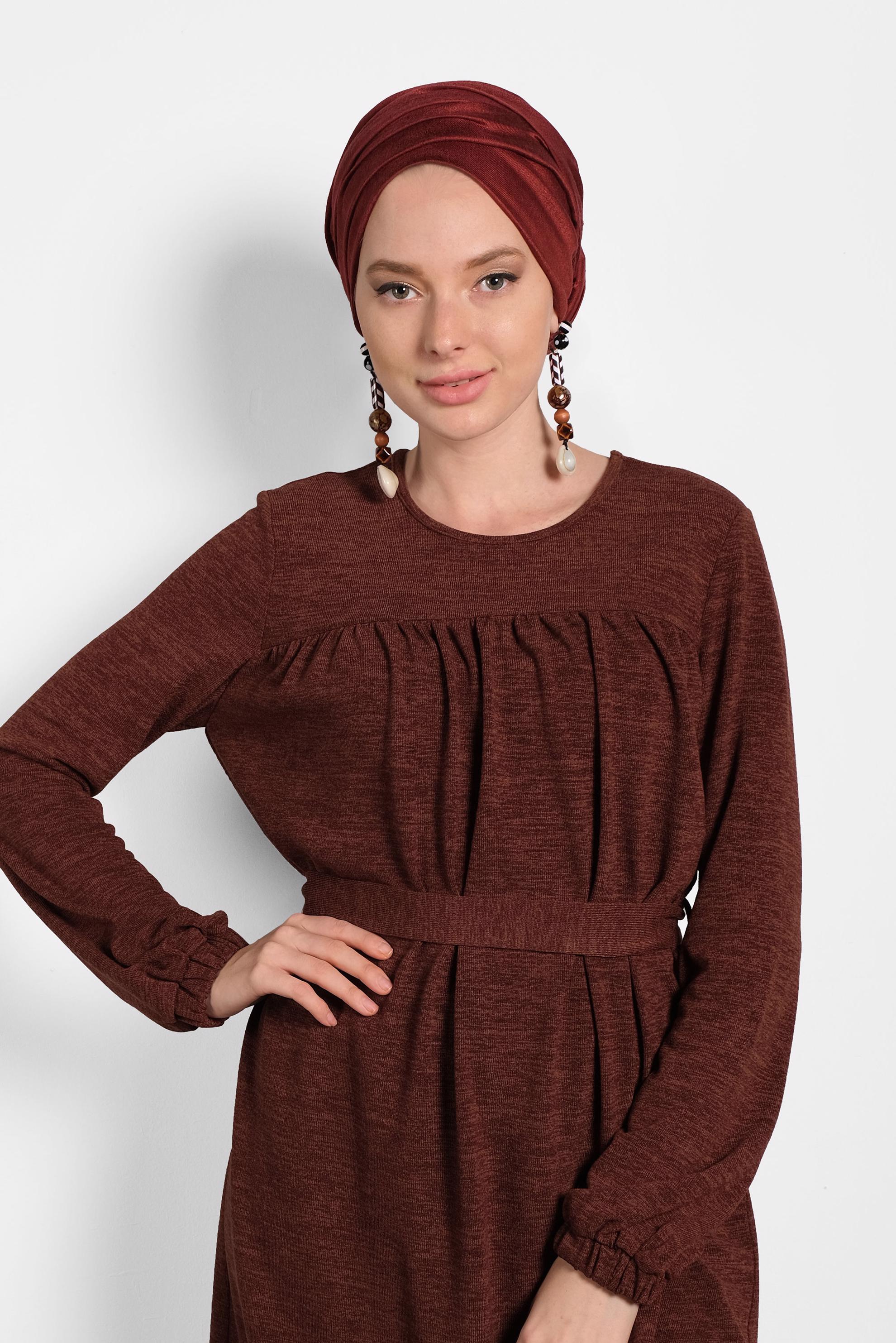 Tesettür giyim TURUNCU KUŞAKLI BİSİKLET YAKA DÜZ TUNİK 40392