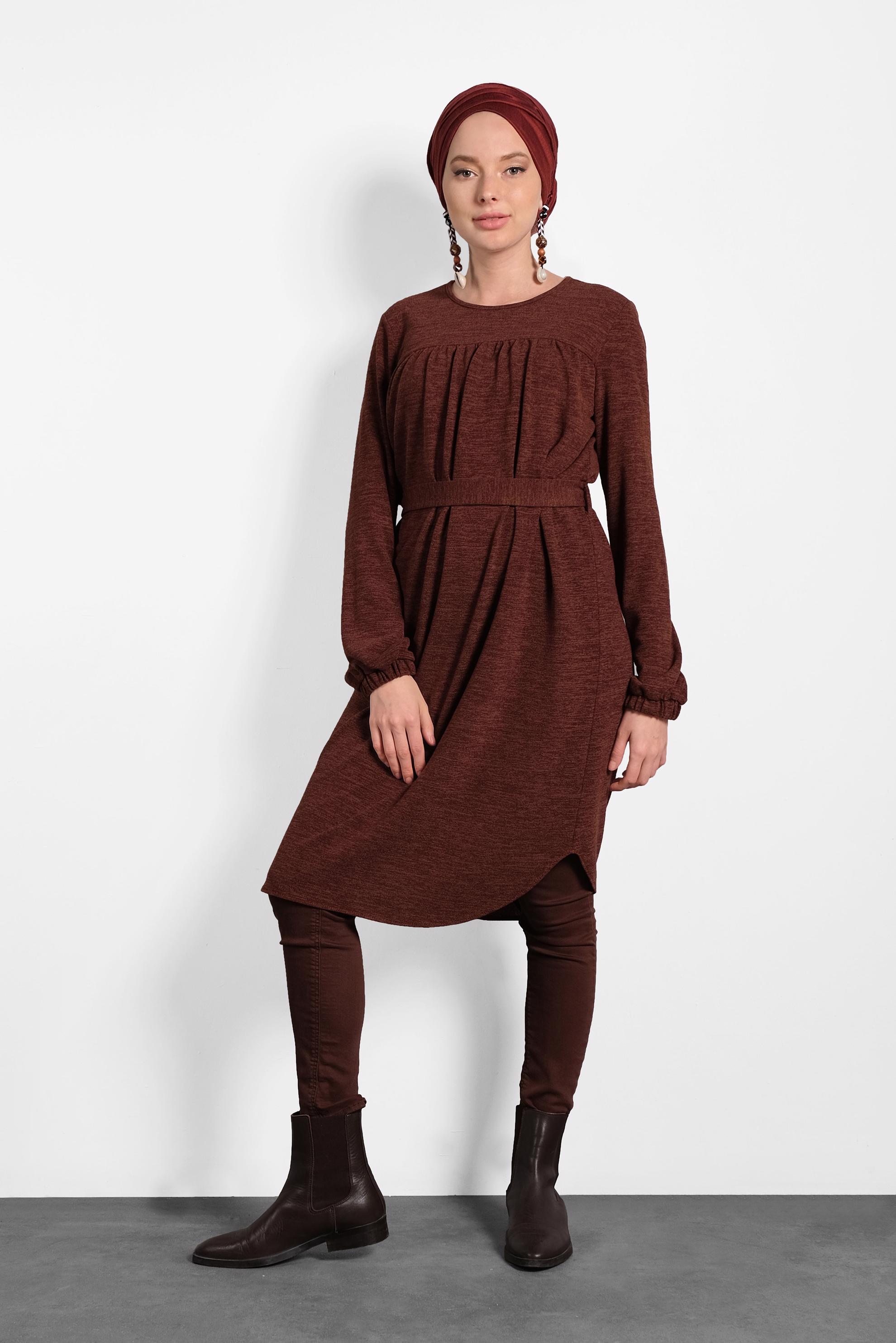 Tesettür giyim TURUNCU KUŞAKLI BİSİKLET YAKA DÜZ TUNİK 40392