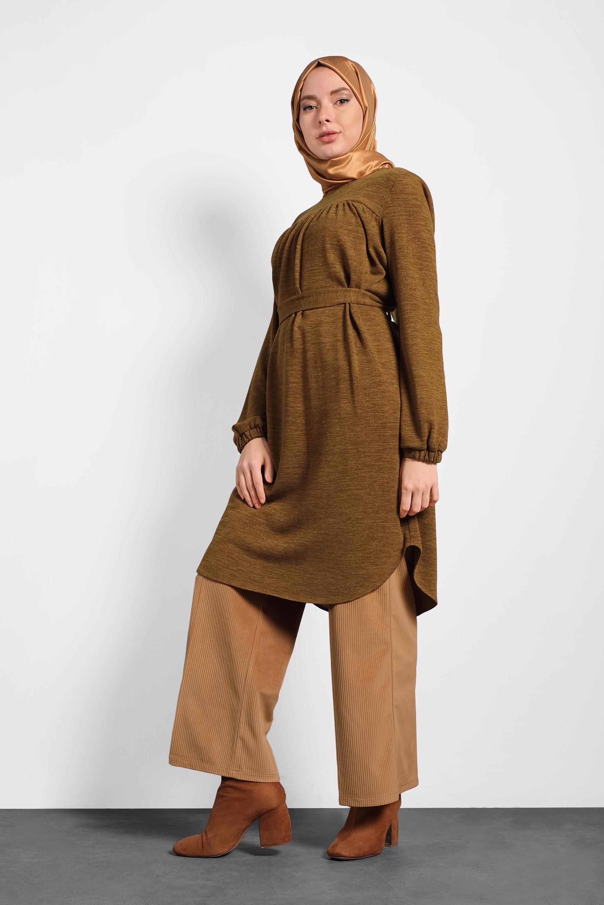 Tesettür giyim TABA KUŞAKLI BİSİKLET YAKA DÜZ TUNİK 40392