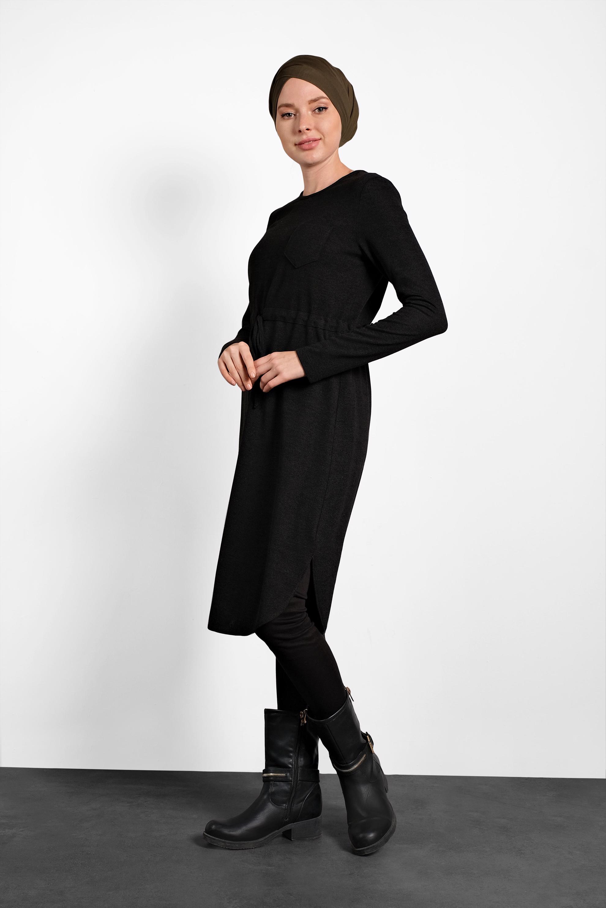 Tesettür giyim SİYAH BELİ BAĞCIKLI TUNİK 40394