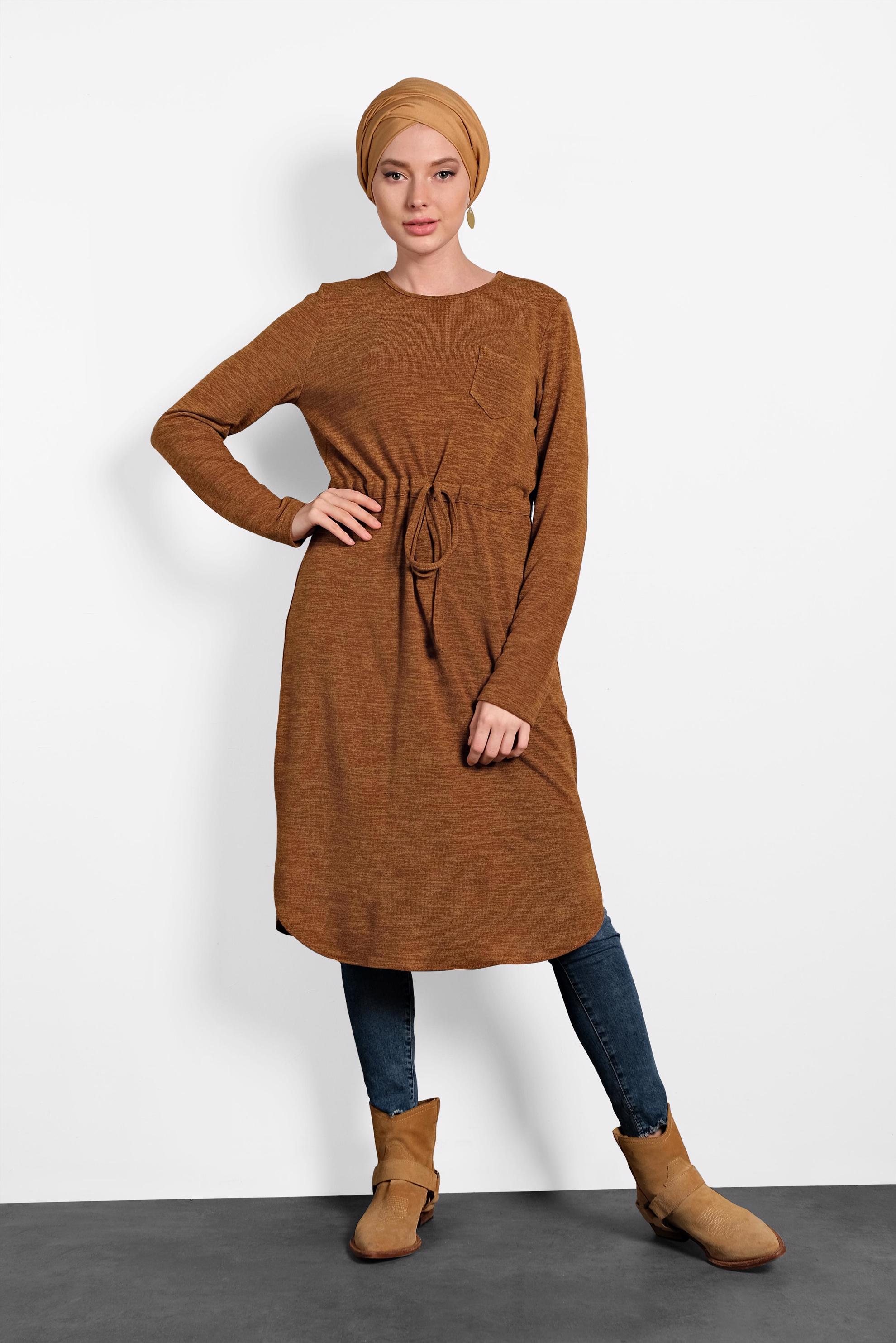 Tesettür giyim TABA BELİ BAĞCIKLI TUNİK 40394