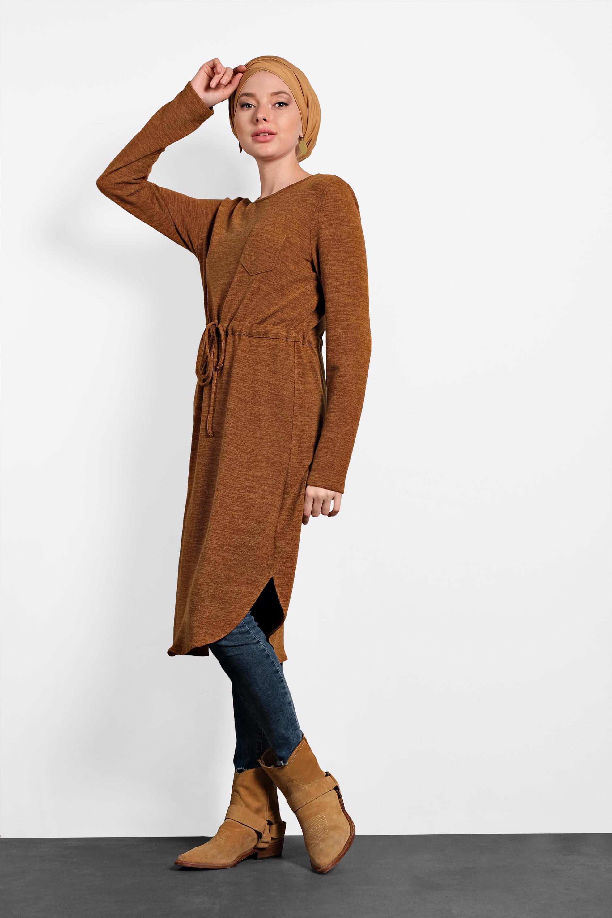 Tesettür giyim TABA BELİ BAĞCIKLI TUNİK 40394