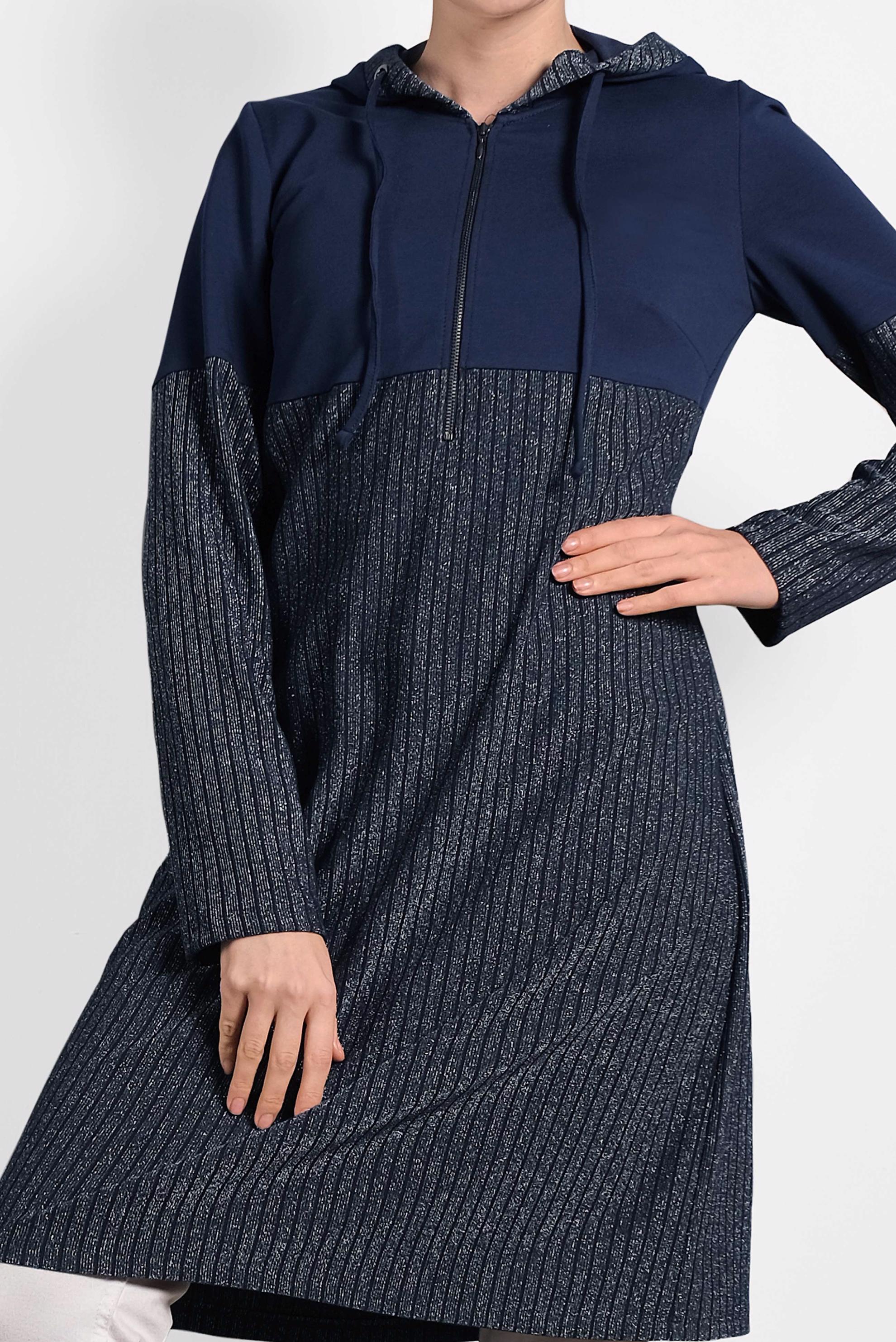 Tesettür giyim LACİVERT KAPÜŞONLU SİMLİ TUNİK 40401