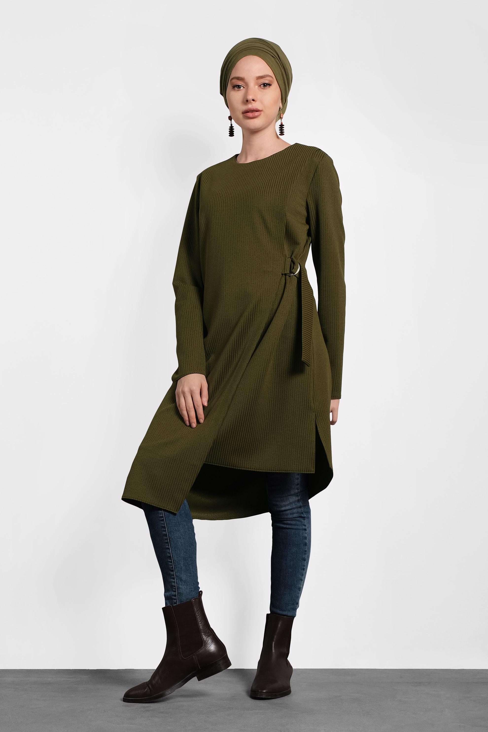 Tesettür giyim HAKİ ASİMETRİK KESİM TUNİK 40405