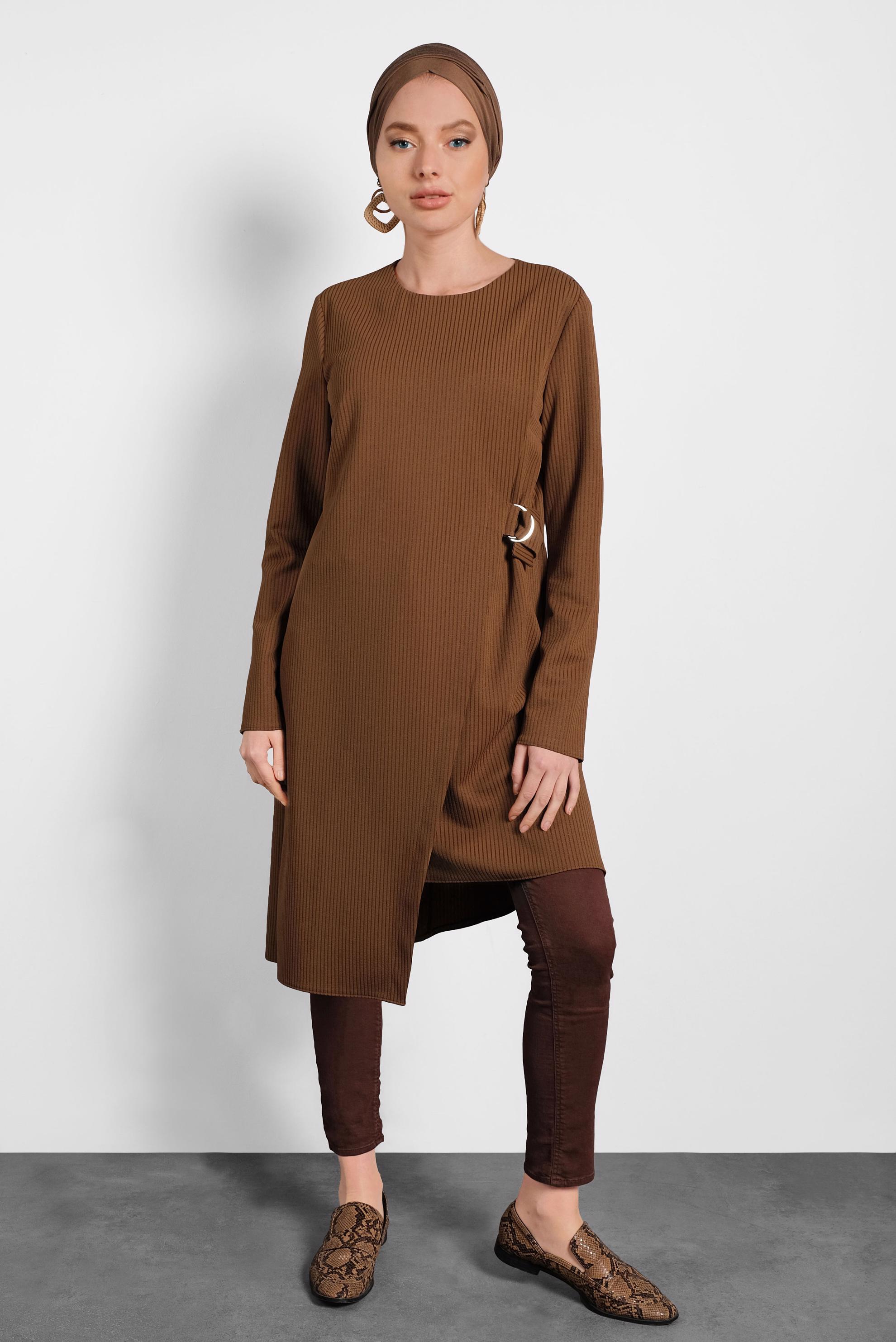 Tesettür giyim KAHVE ASİMETRİK KESİM TUNİK 40405