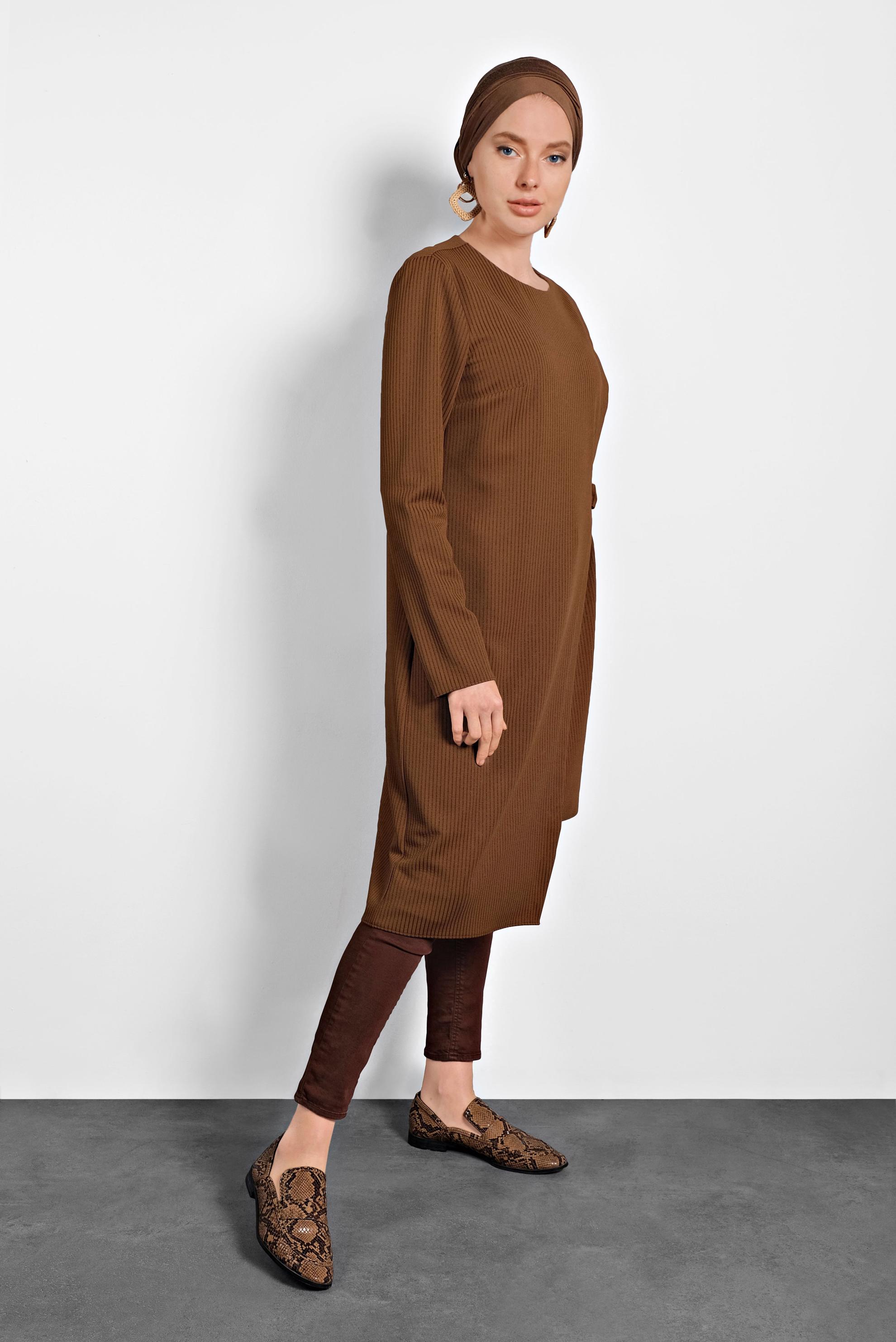 Tesettür giyim KAHVE ASİMETRİK KESİM TUNİK 40405