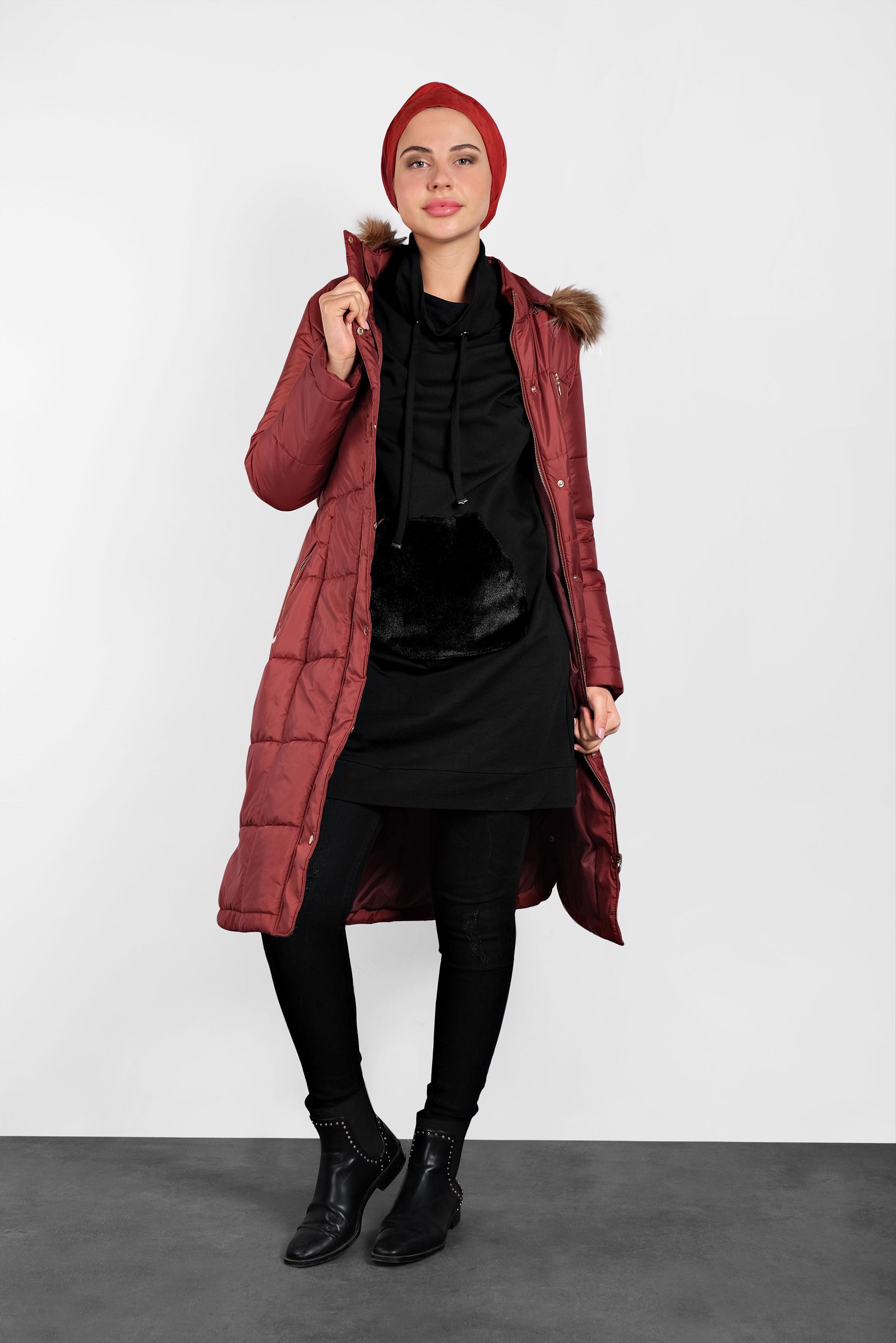 Tesettür giyim SİYAH PELUŞ DETAYLI ŞAL YAKA TUNİK 40407