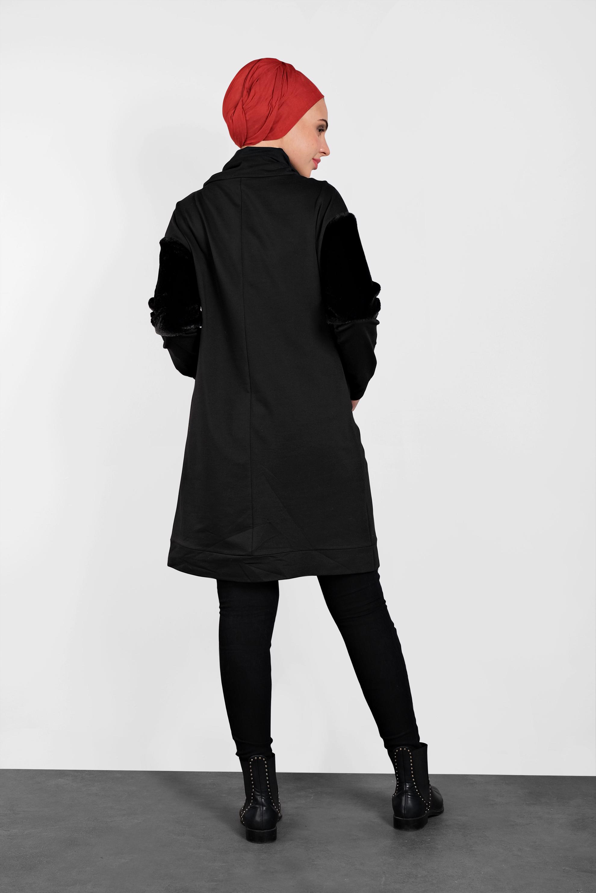 Tesettür giyim SİYAH PELUŞ DETAYLI ŞAL YAKA TUNİK 40407