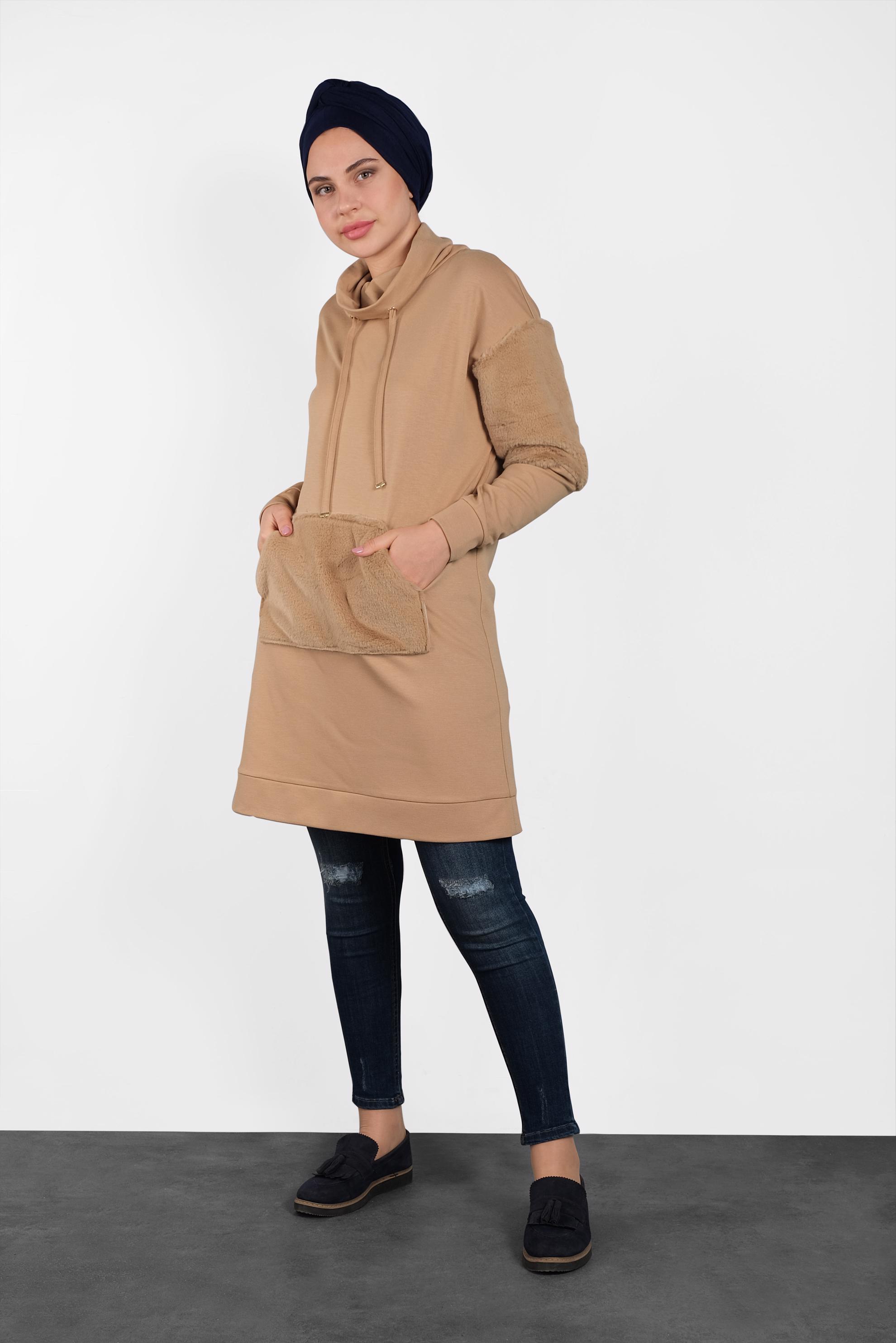 Tesettür giyim KAHVE PELUŞ DETAYLI ŞAL YAKA TUNİK 40407