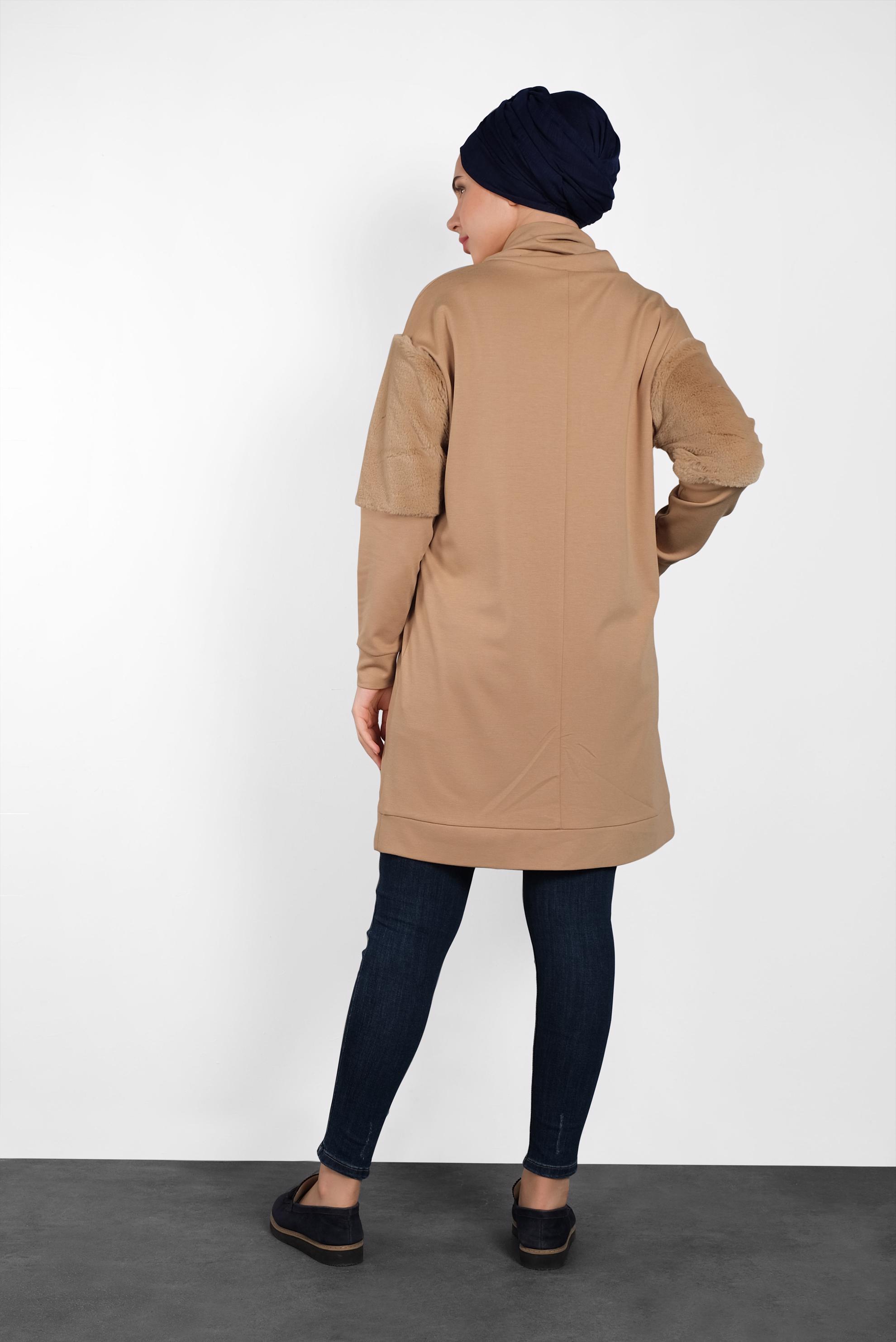 Tesettür giyim KAHVE PELUŞ DETAYLI ŞAL YAKA TUNİK 40407