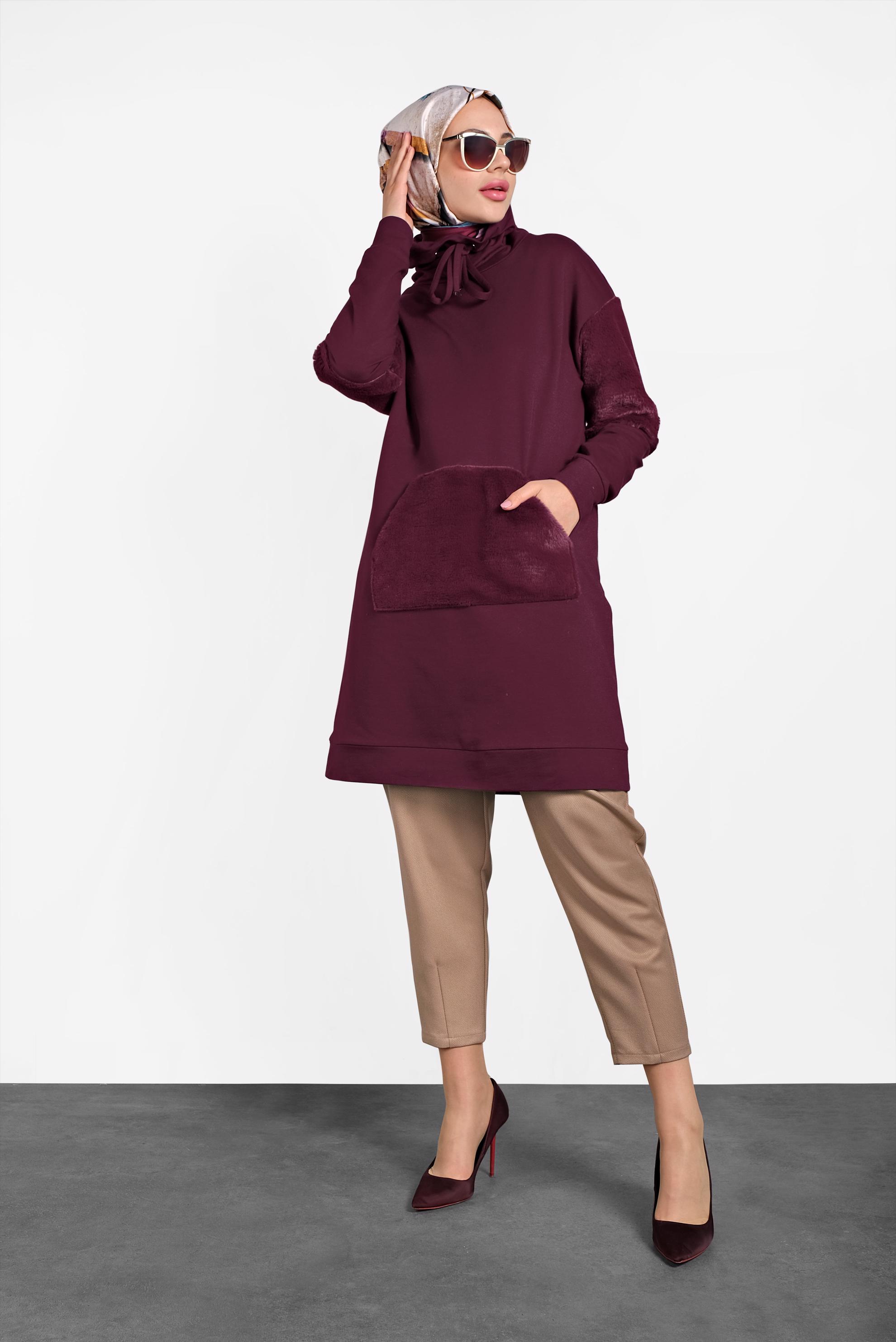 Tesettür giyim MÜRDÜM PELUŞ DETAYLI ŞAL YAKA TUNİK 40407