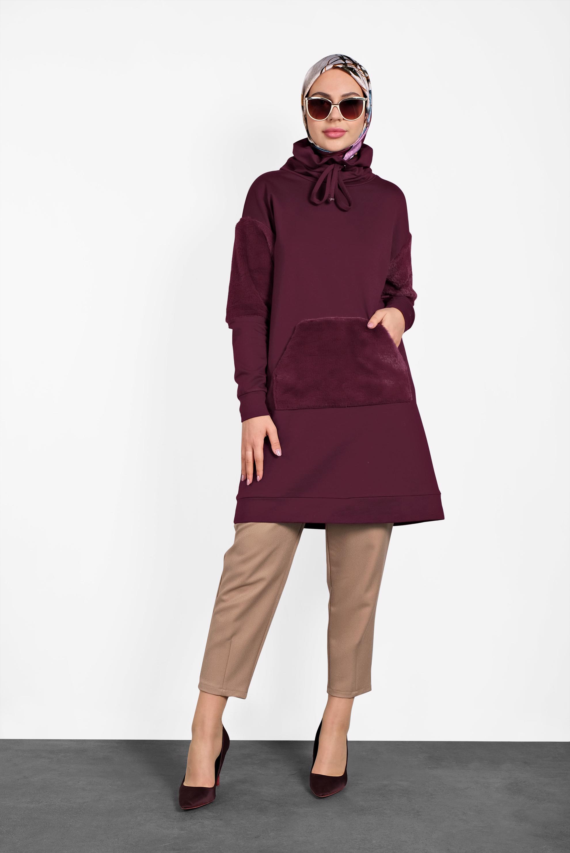 Tesettür giyim MÜRDÜM PELUŞ DETAYLI ŞAL YAKA TUNİK 40407