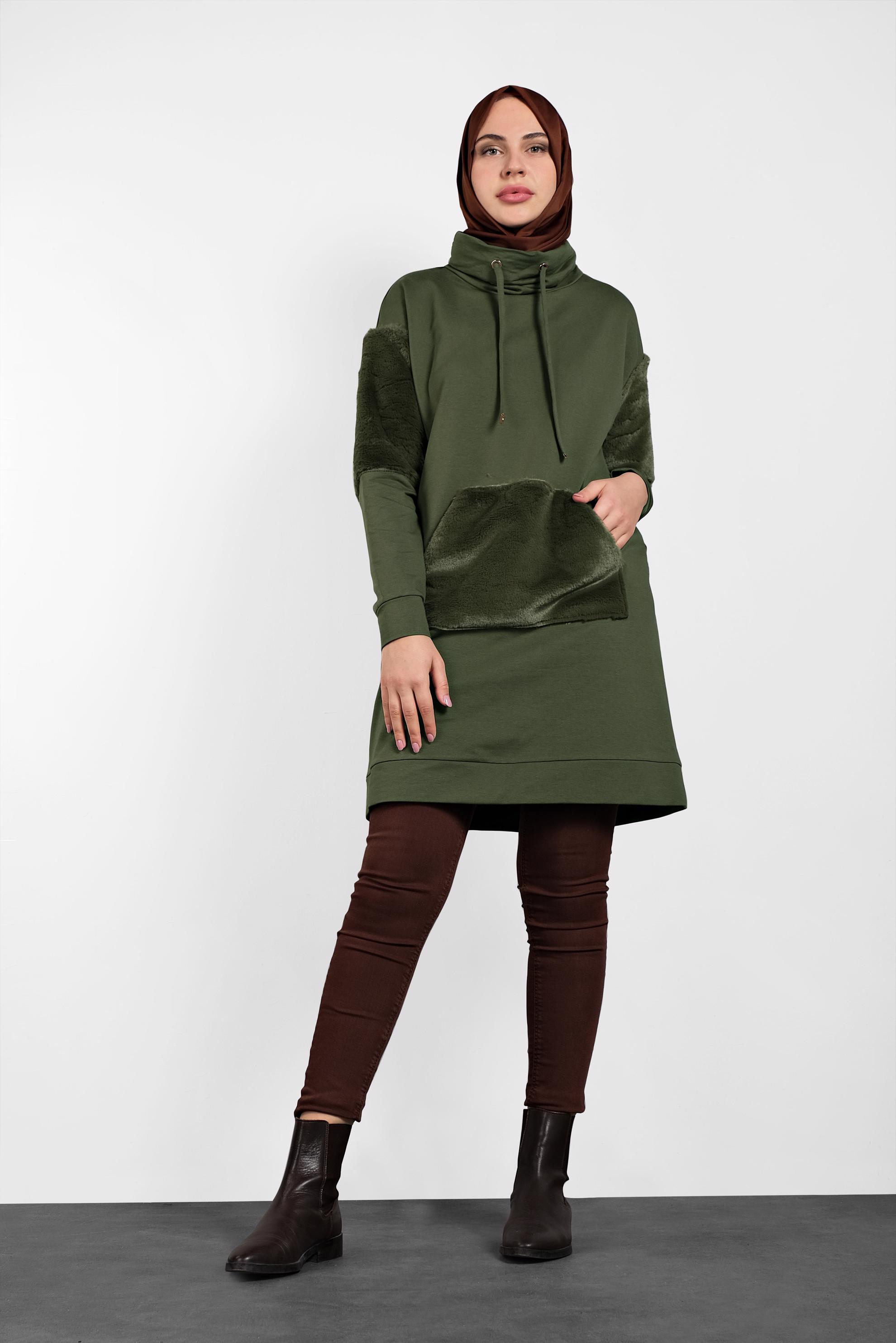 Tesettür giyim HAKİ PELUŞ DETAYLI ŞAL YAKA TUNİK 40407