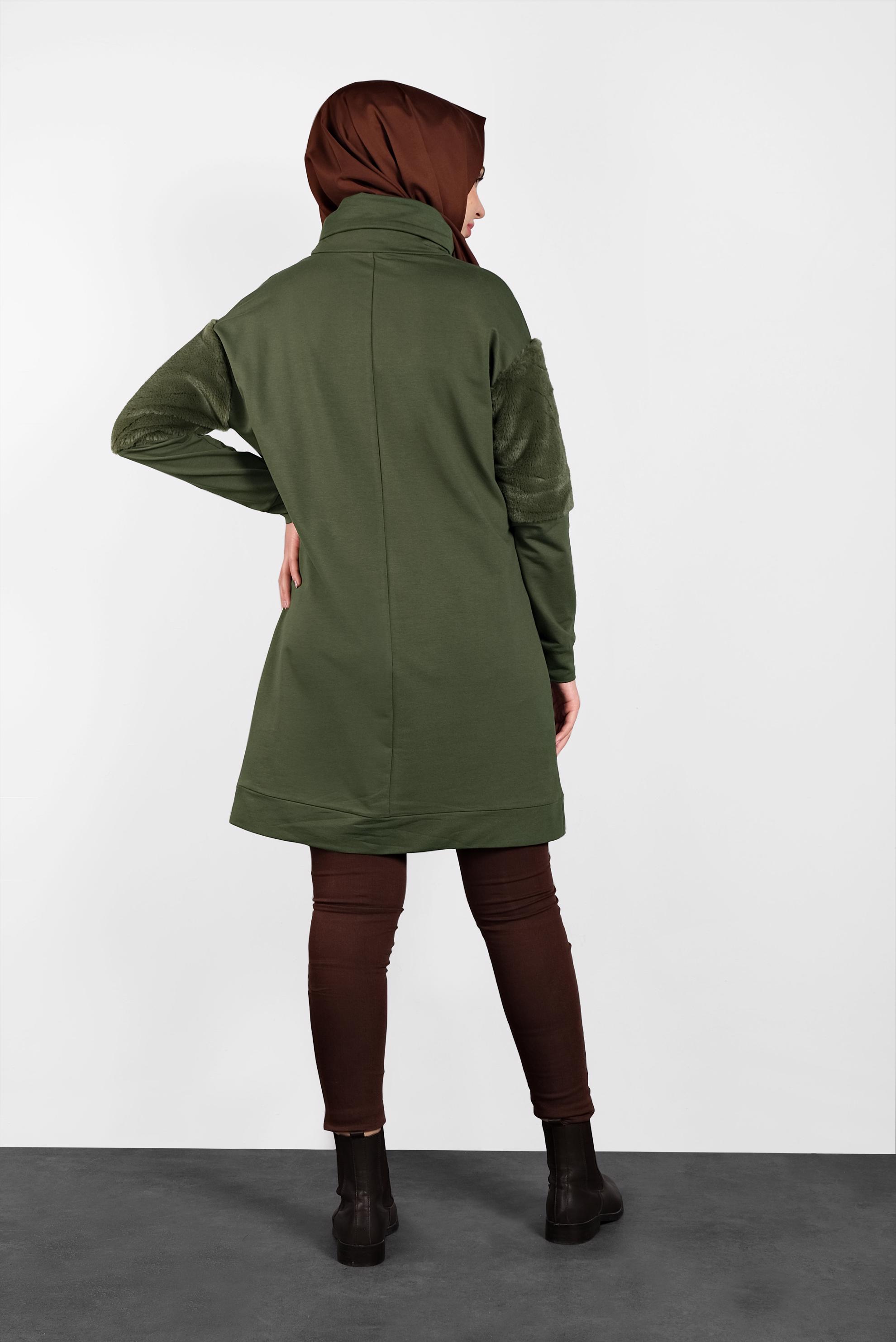 Tesettür giyim HAKİ PELUŞ DETAYLI ŞAL YAKA TUNİK 40407