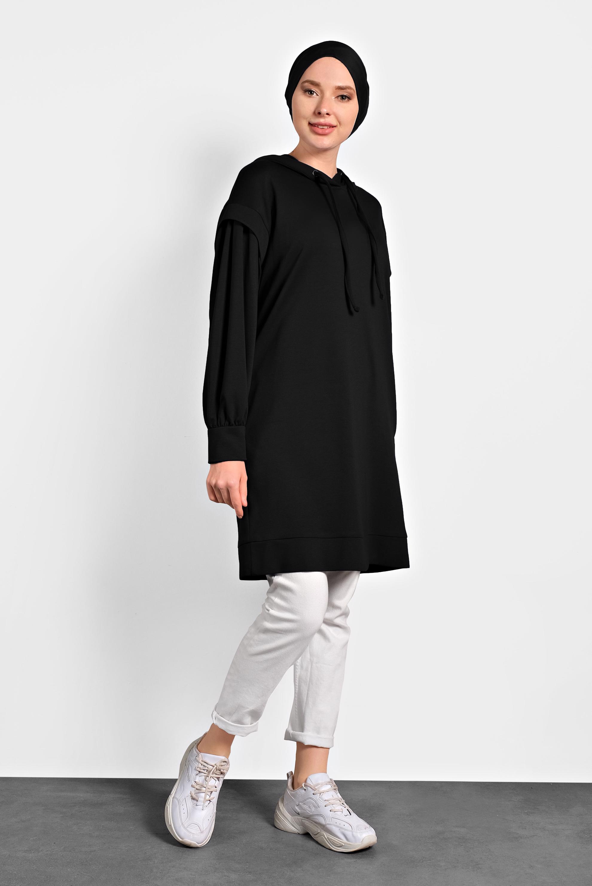 Tesettür giyim SİYAH KAPÜŞONLU TUNİK 40408