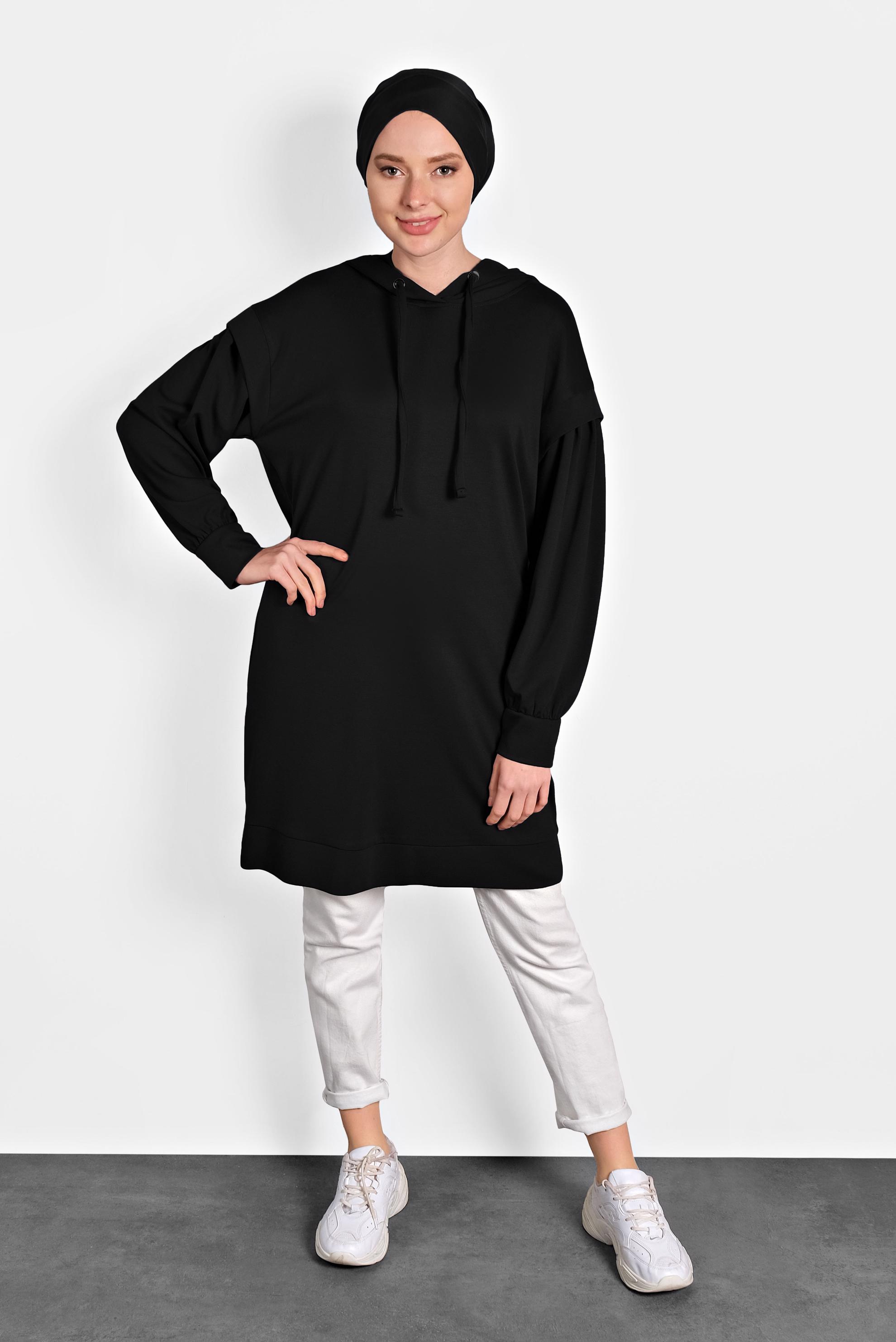 Tesettür giyim SİYAH KAPÜŞONLU TUNİK 40408