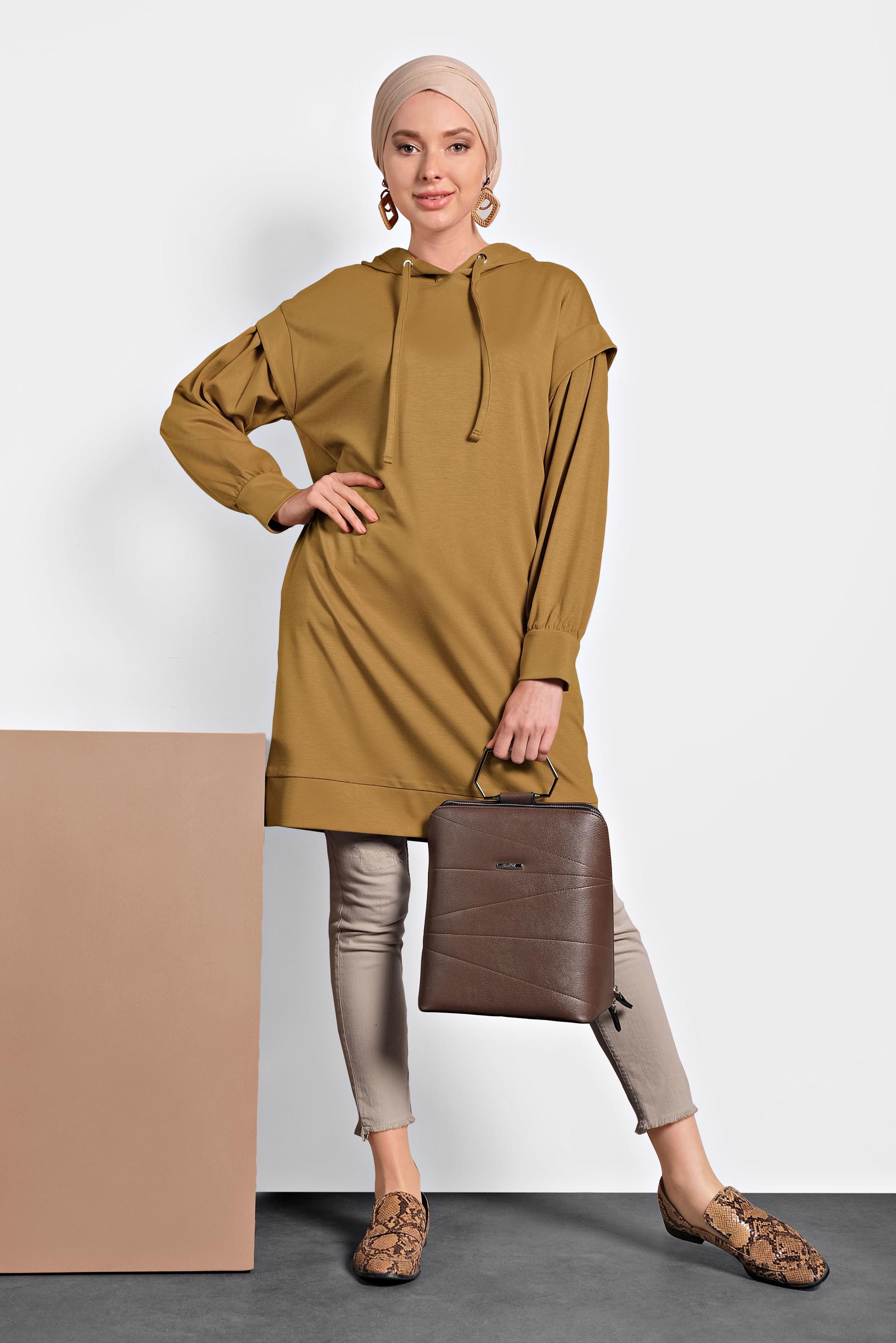 Tesettür giyim SARI KAPÜŞONLU TUNİK 40408