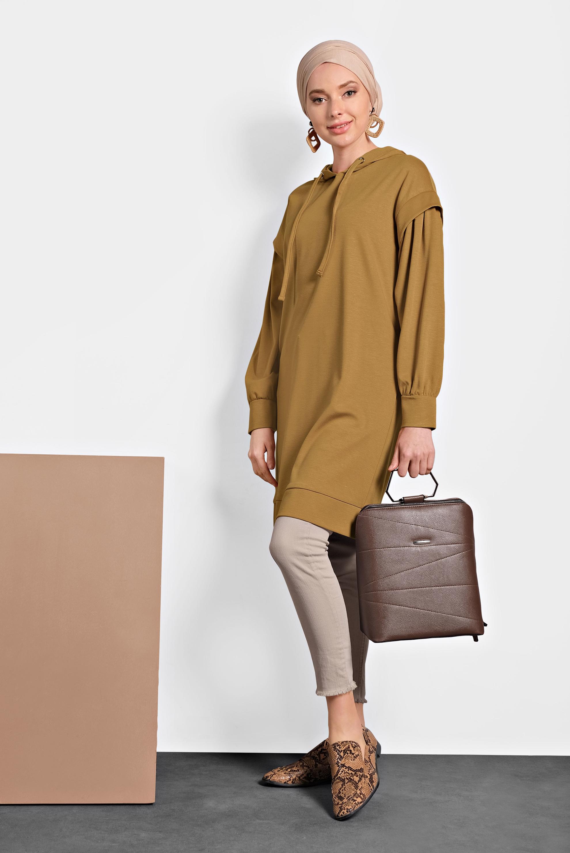 Tesettür giyim SARI KAPÜŞONLU TUNİK 40408