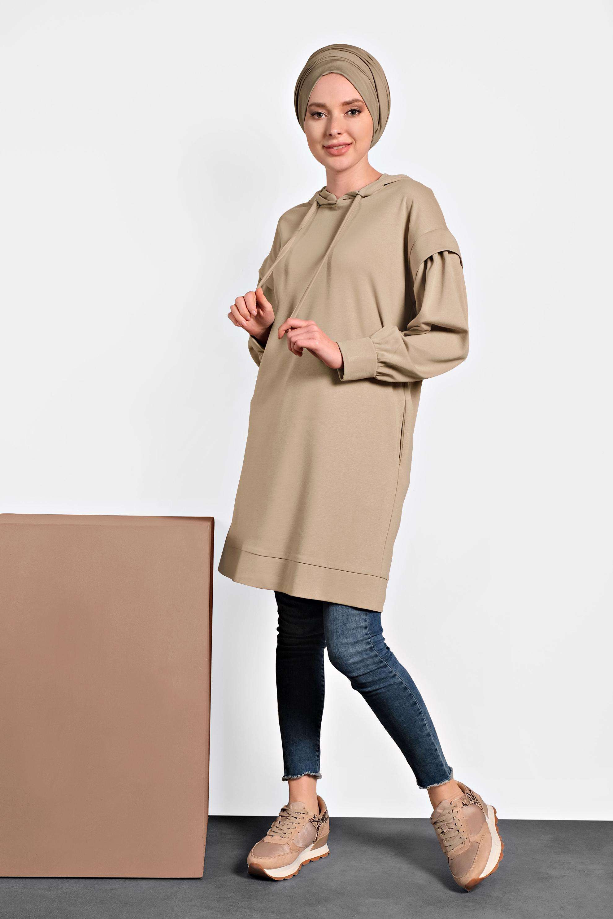 Tesettür giyim KAHVE KAPÜŞONLU TUNİK 40408