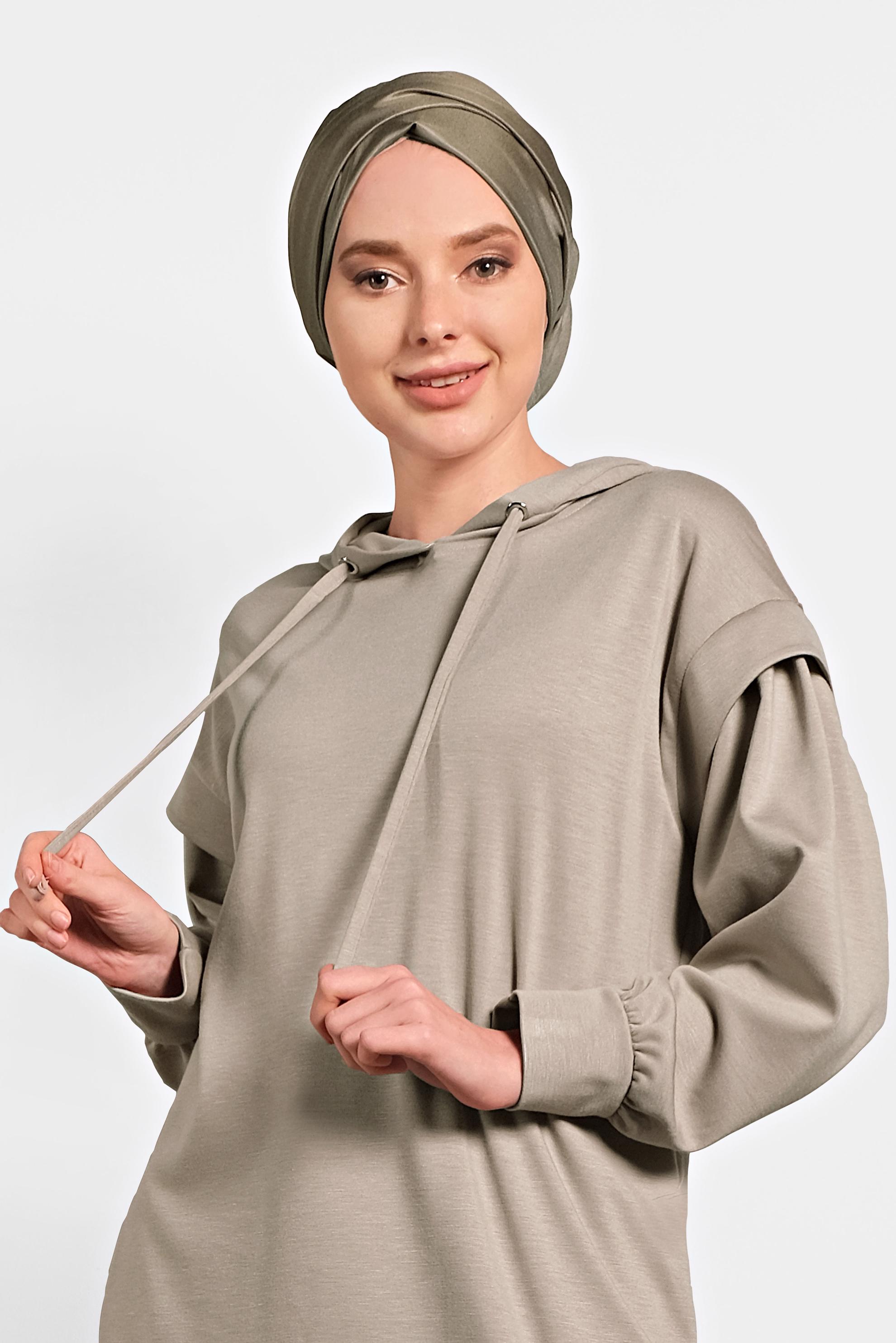 Tesettür giyim BEJ KAPÜŞONLU TUNİK 40408