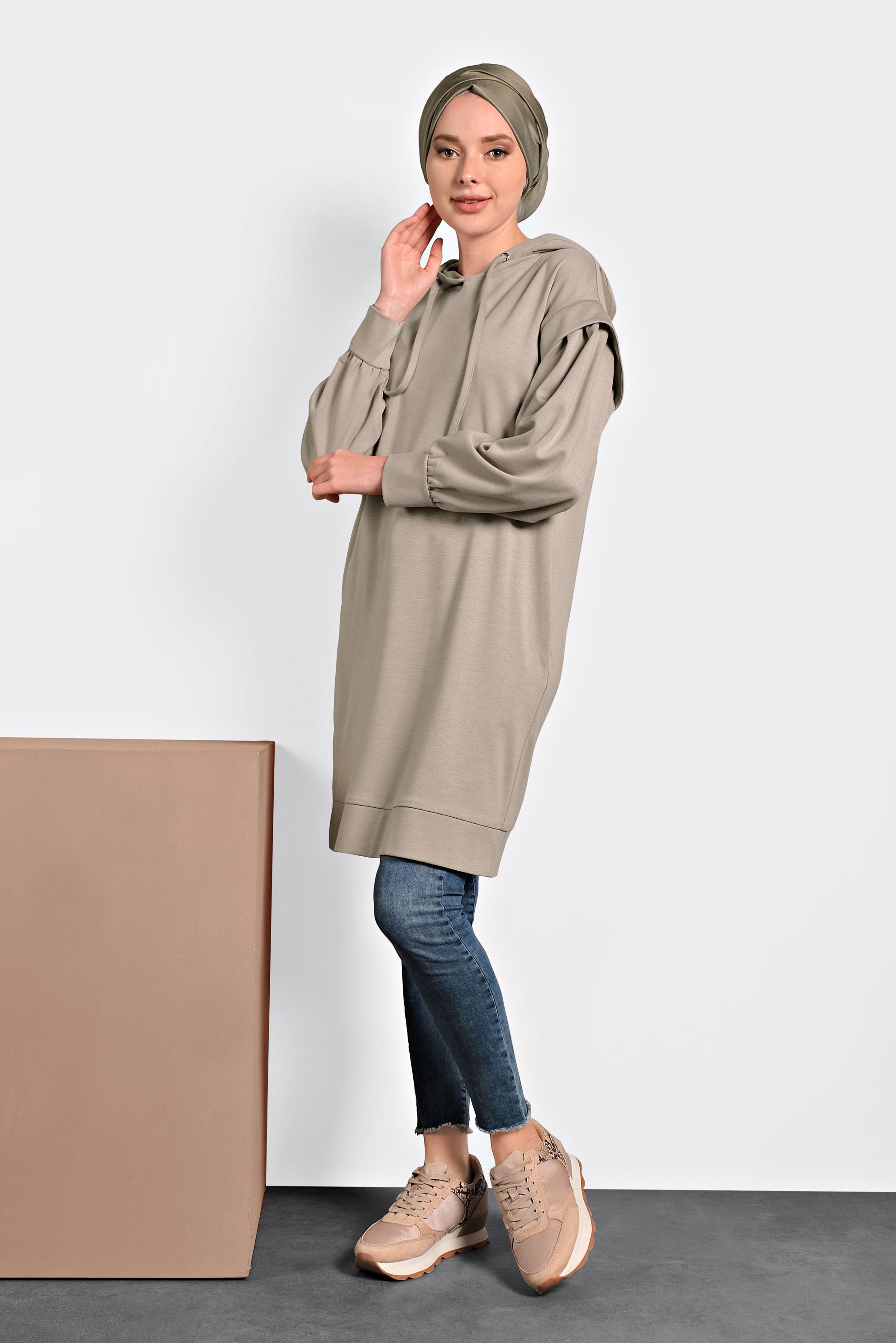 Tesettür giyim BEJ KAPÜŞONLU TUNİK 40408