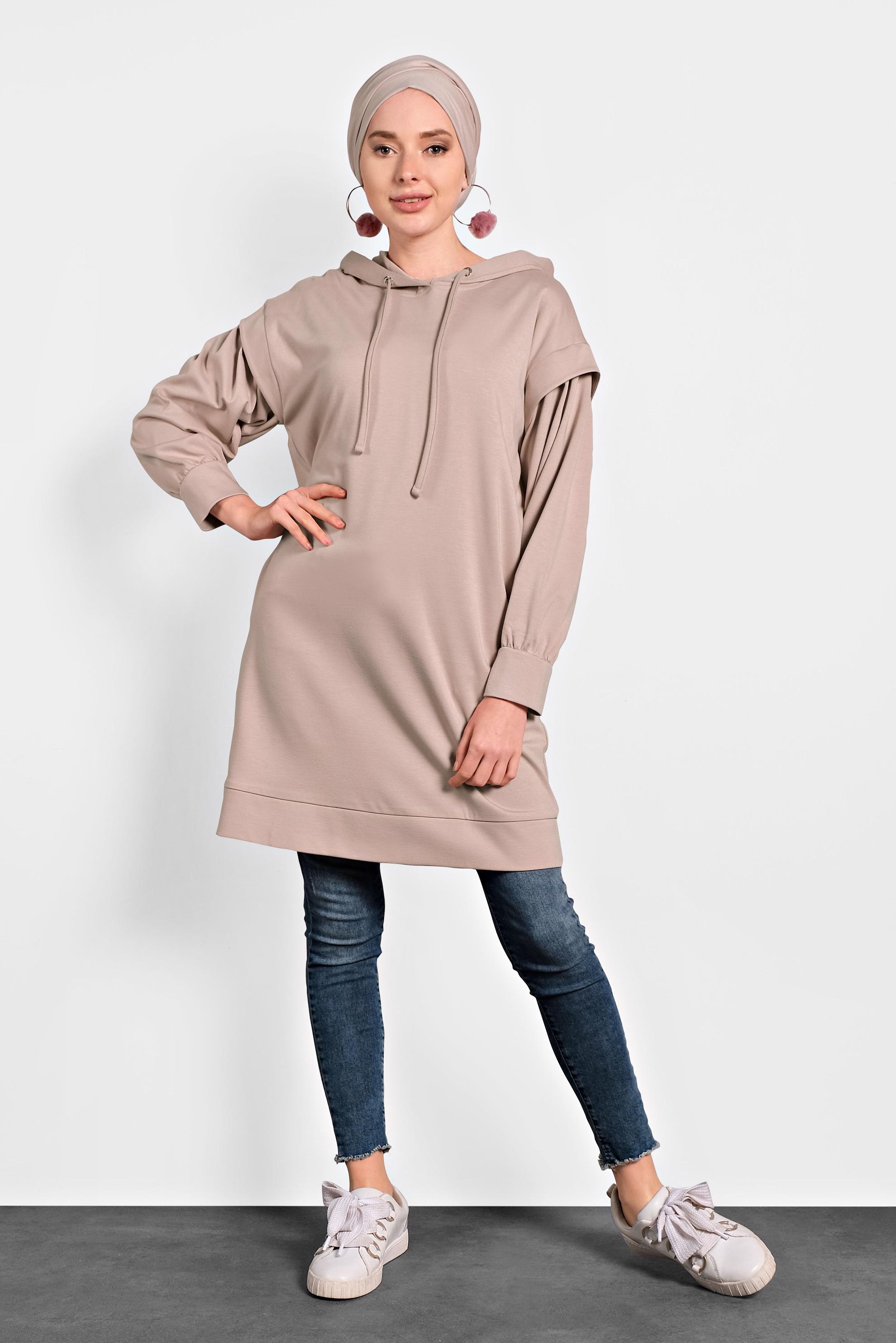Tesettür giyim PUDRA KAPÜŞONLU TUNİK 40408