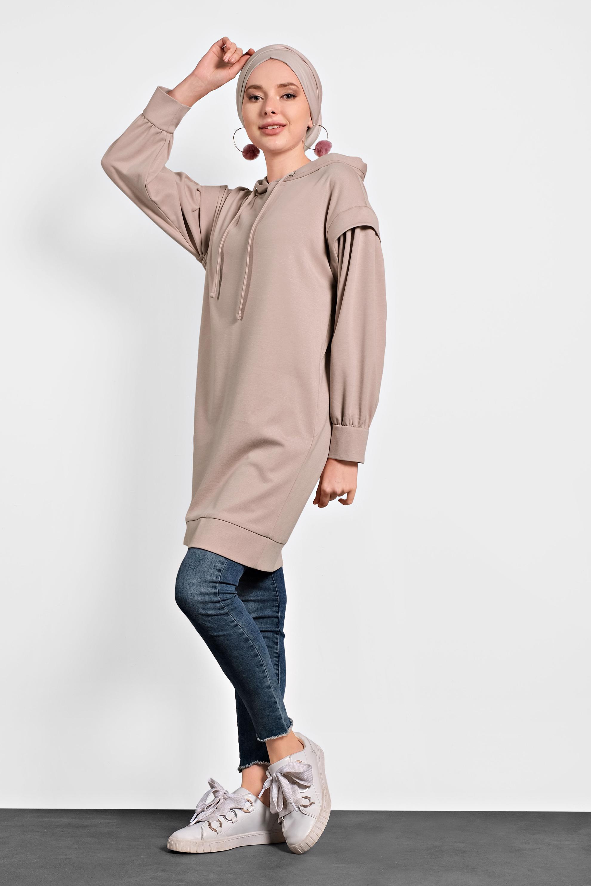 Tesettür giyim PUDRA KAPÜŞONLU TUNİK 40408