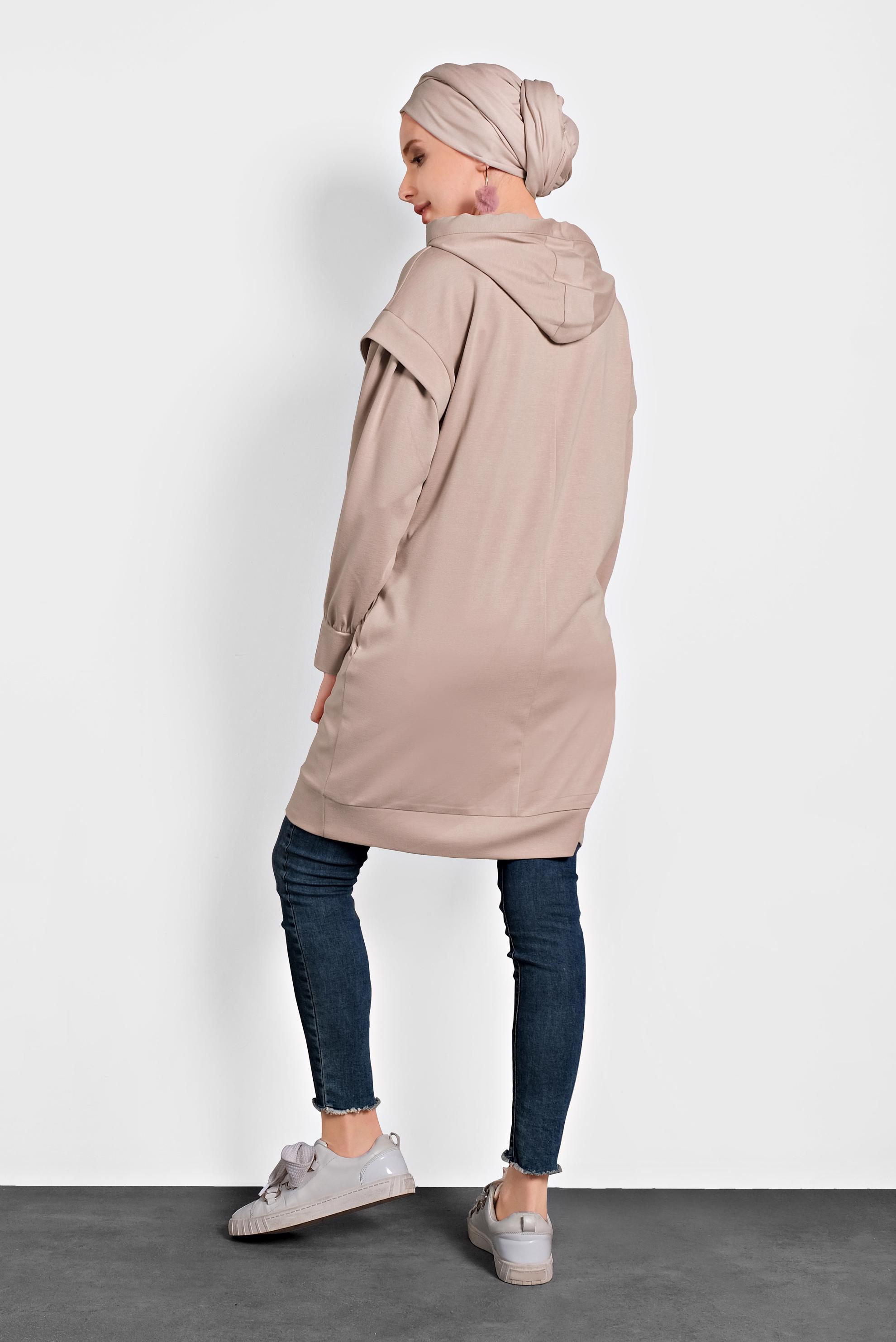 Tesettür giyim PUDRA KAPÜŞONLU TUNİK 40408