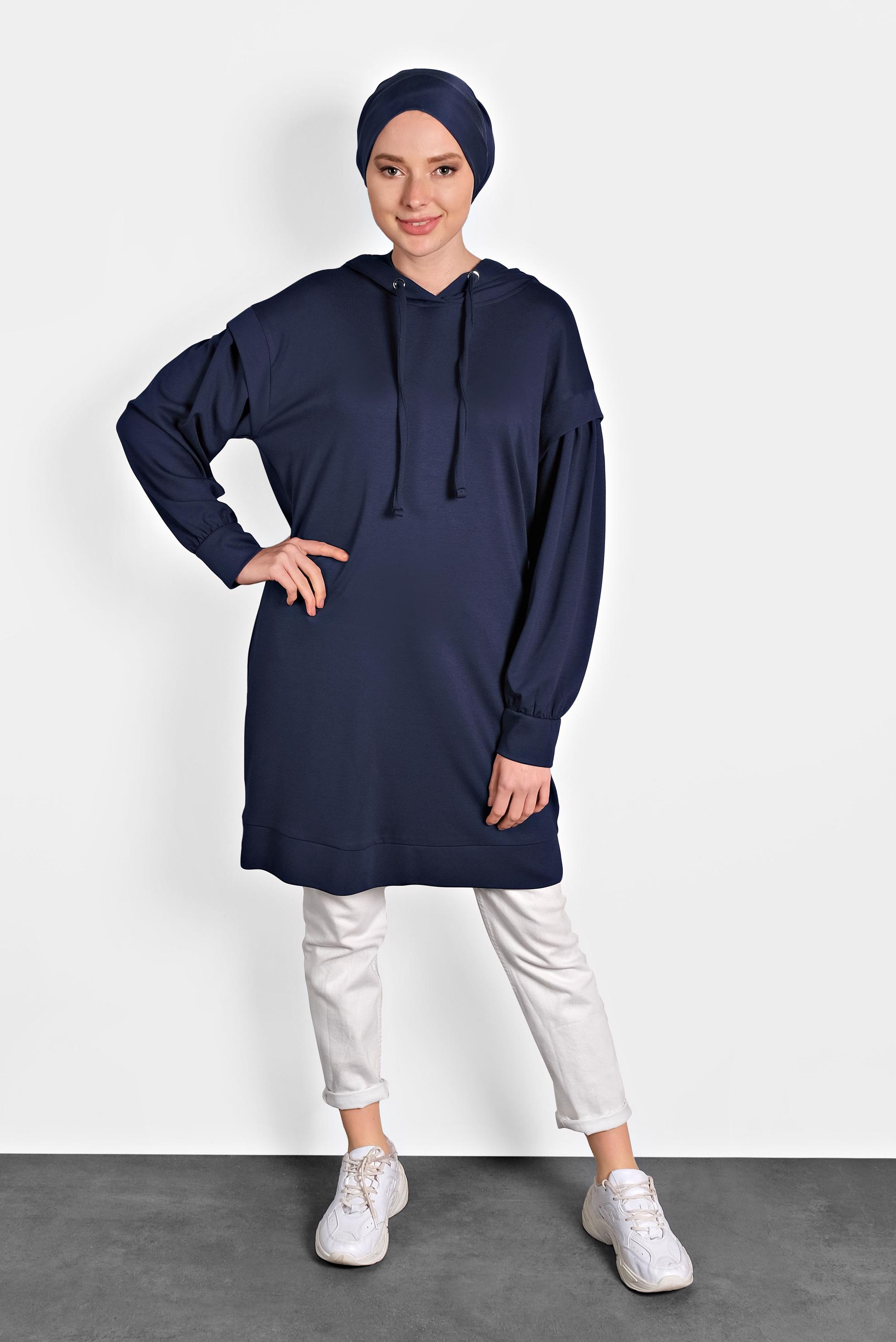 Tesettür giyim LACİVERT KAPÜŞONLU TUNİK 40408