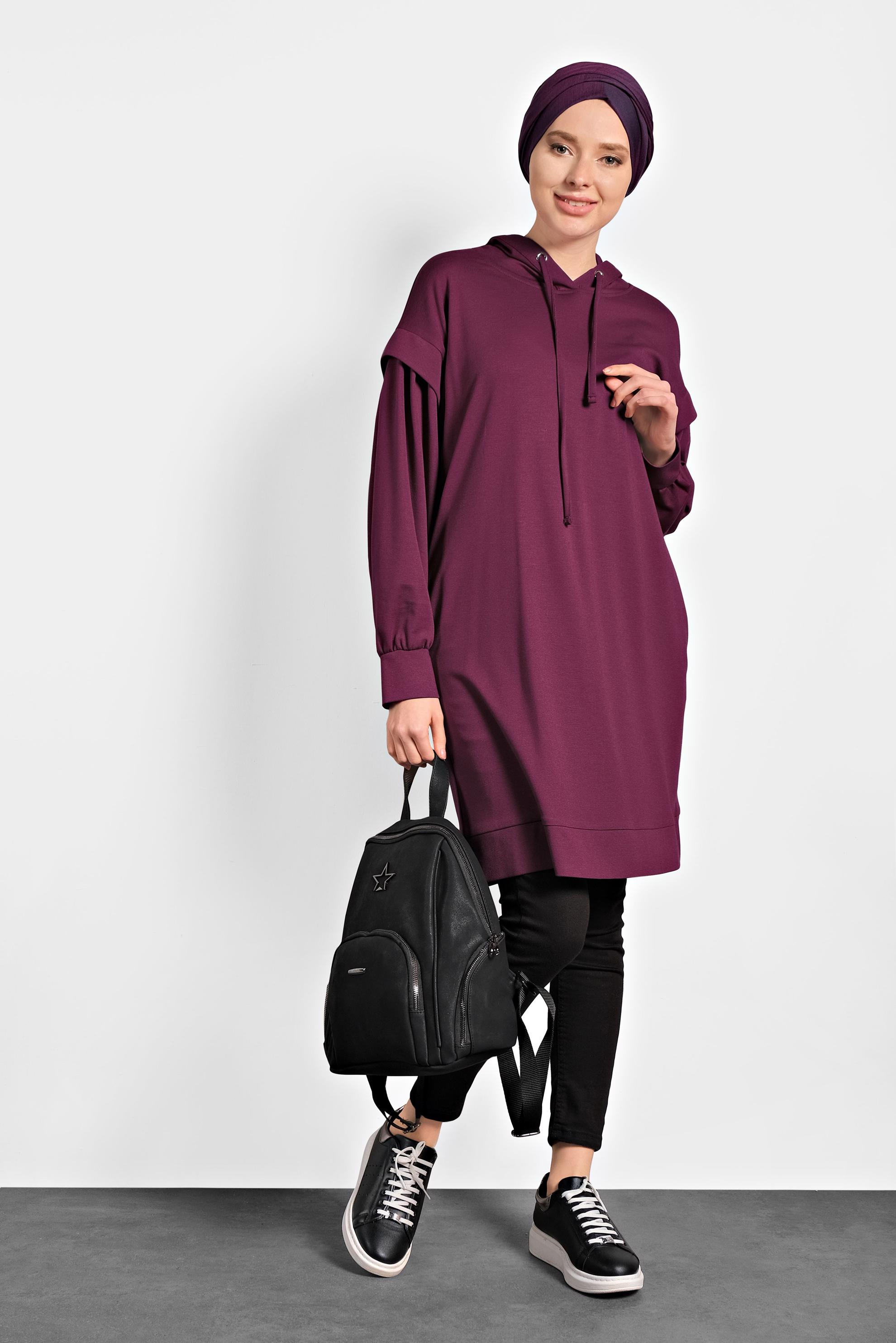 Tesettür giyim MOR KAPÜŞONLU TUNİK 40408